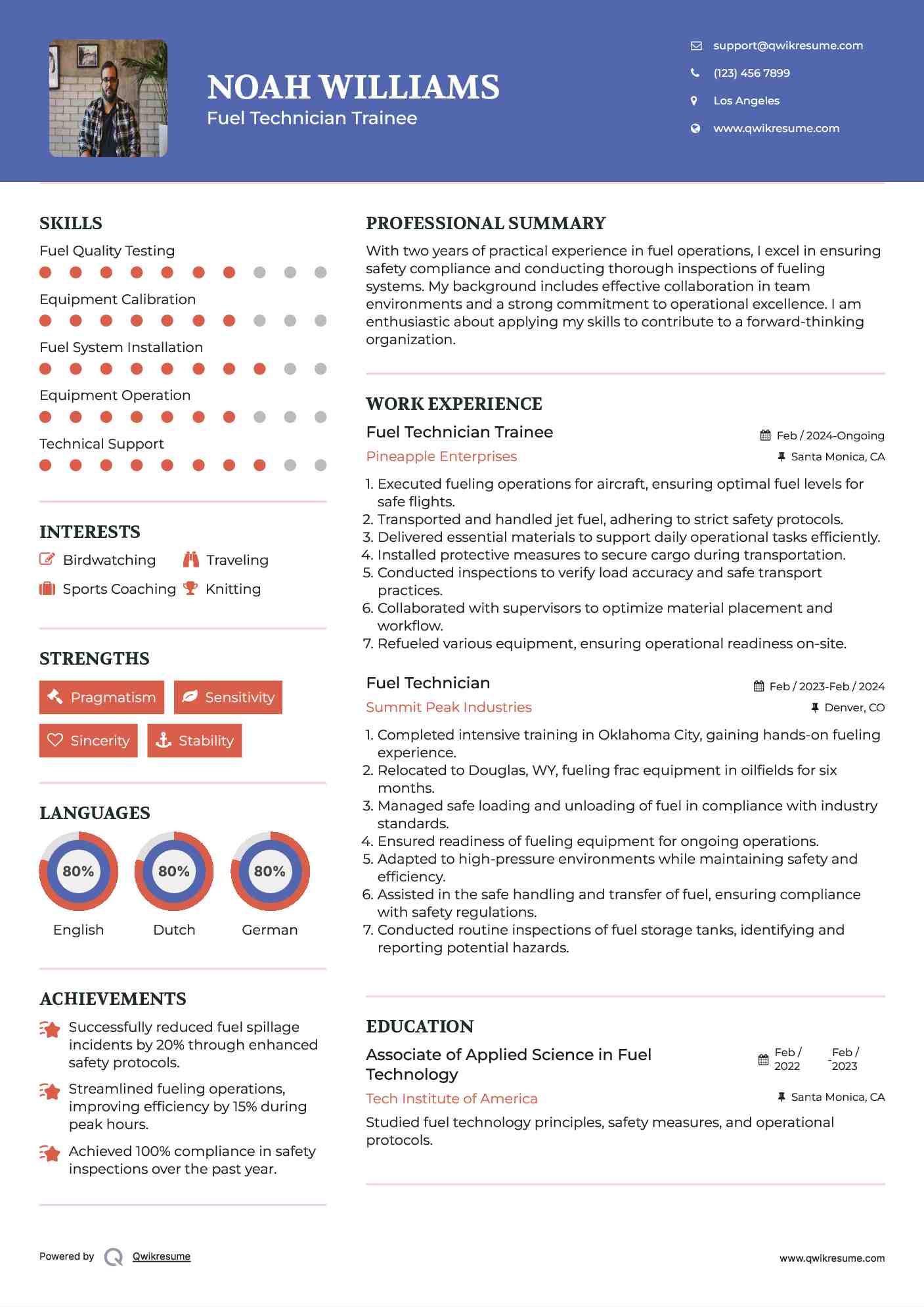 Fuel Technician Trainee Resume Example