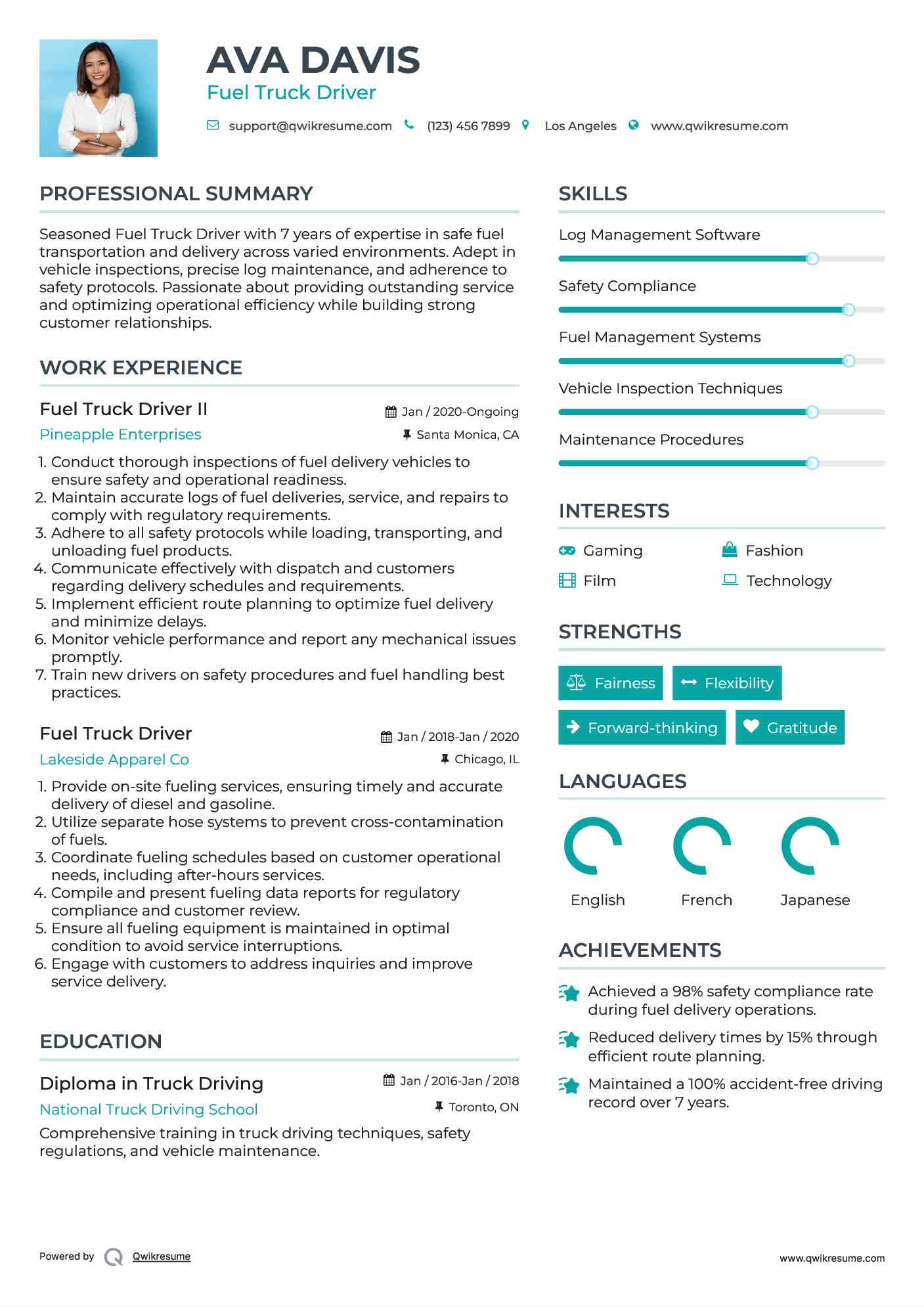 Fuel Truck Driver II Resume Sample