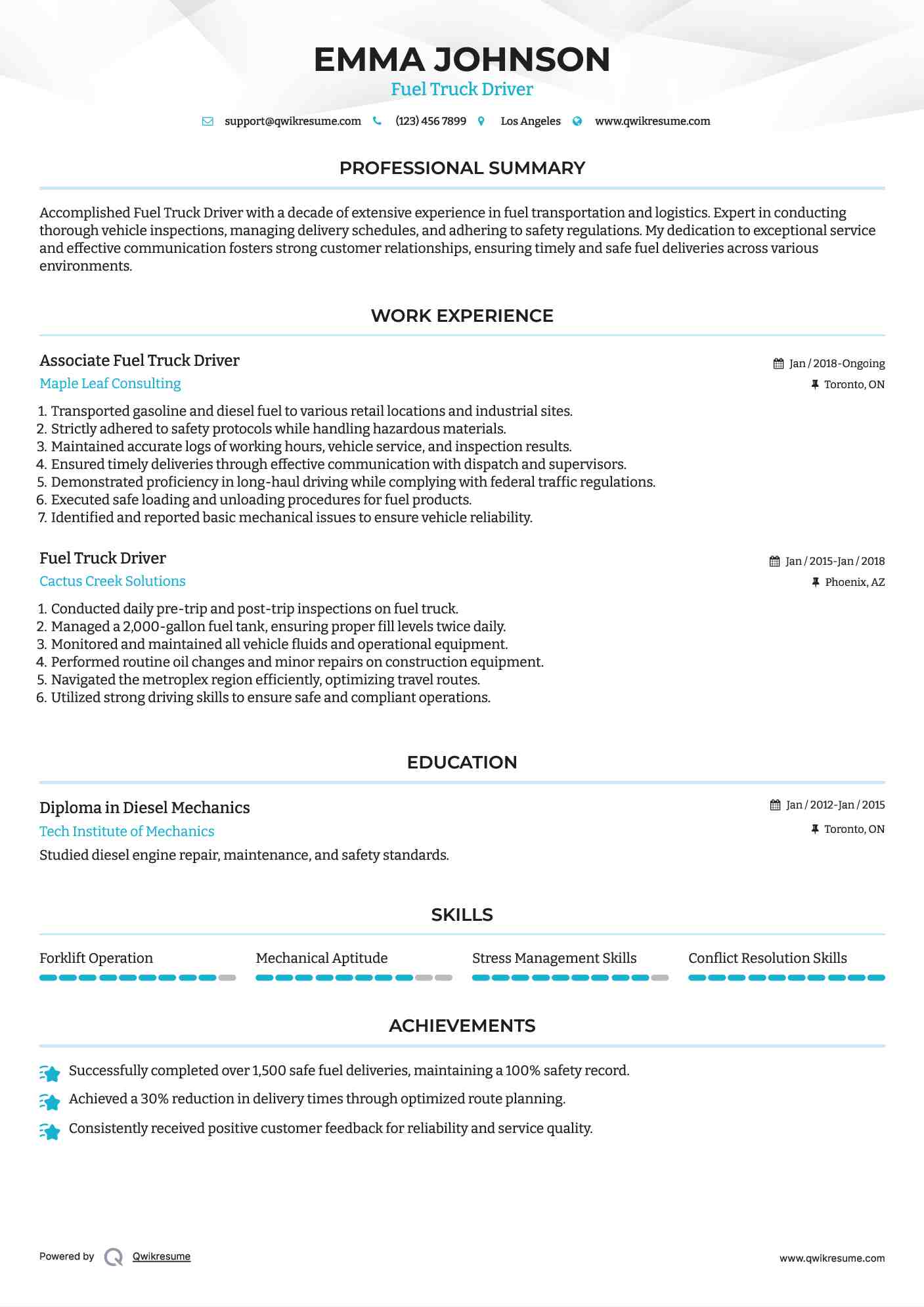 Associate Fuel Truck Driver Resume Example