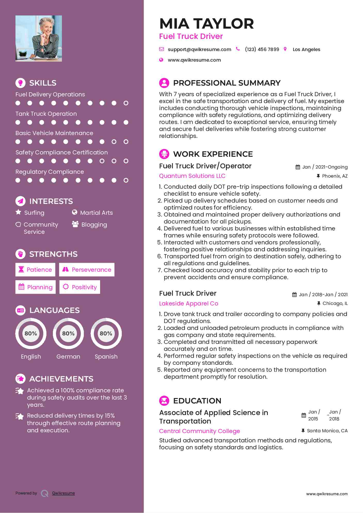 Fuel Truck Driver/Operator Resume Template