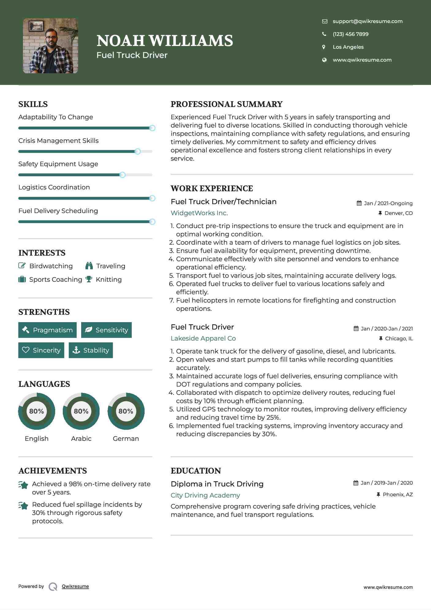 Fuel Truck Driver/Technician Resume Sample