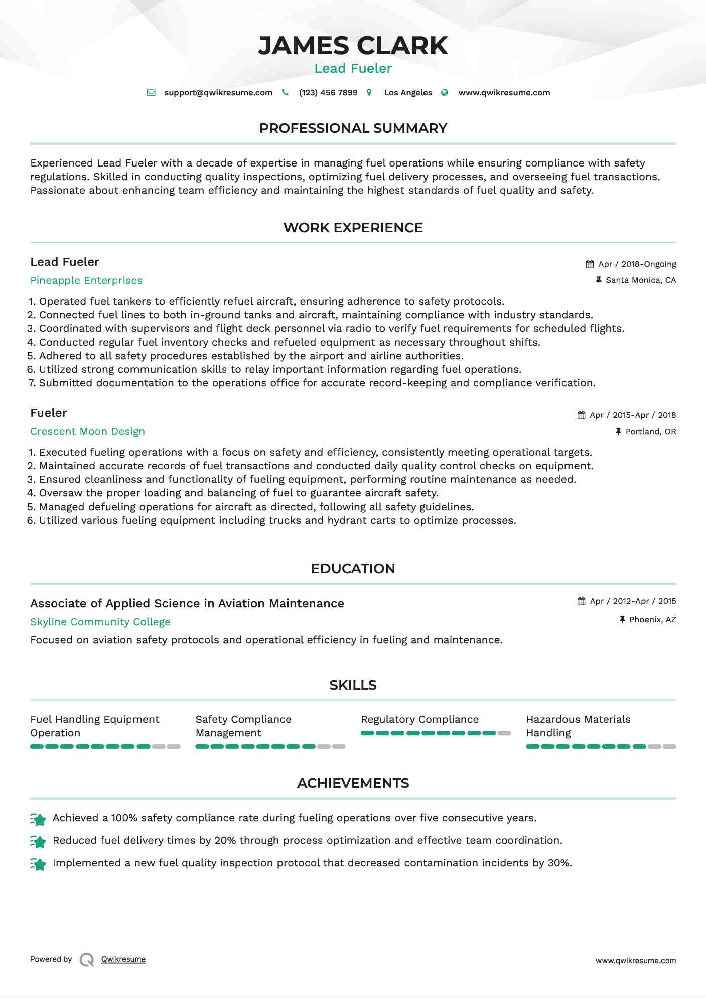 Lead Fueler Resume Model