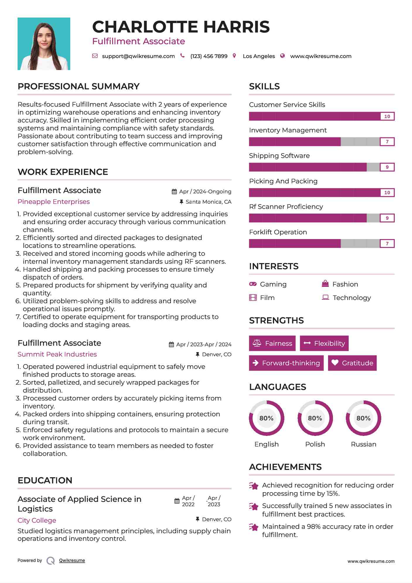 Fulfillment Associate Resume Samples QwikResume