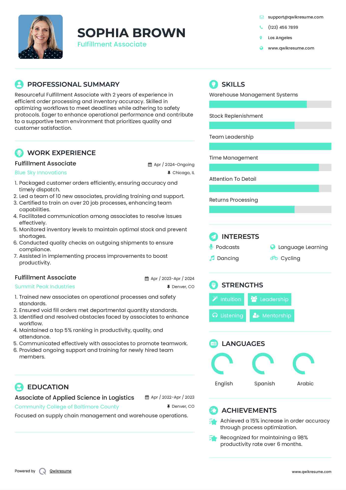 Fulfillment Associate Resume Samples QwikResume