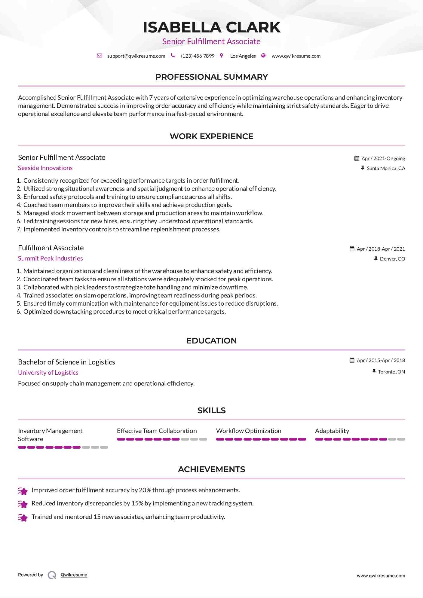 Senior Fulfillment Associate Resume Sample