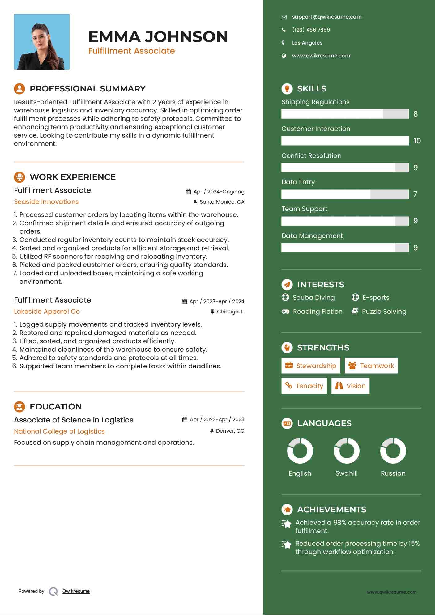 Fulfillment Associate Resume Samples QwikResume