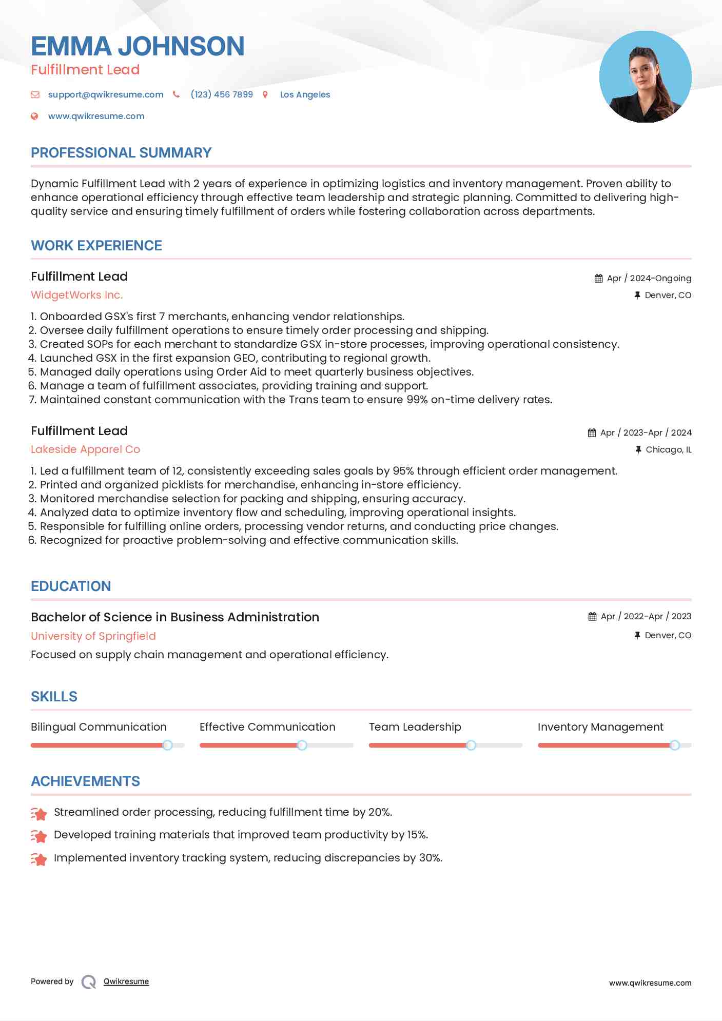 Fulfillment Lead Resume Model