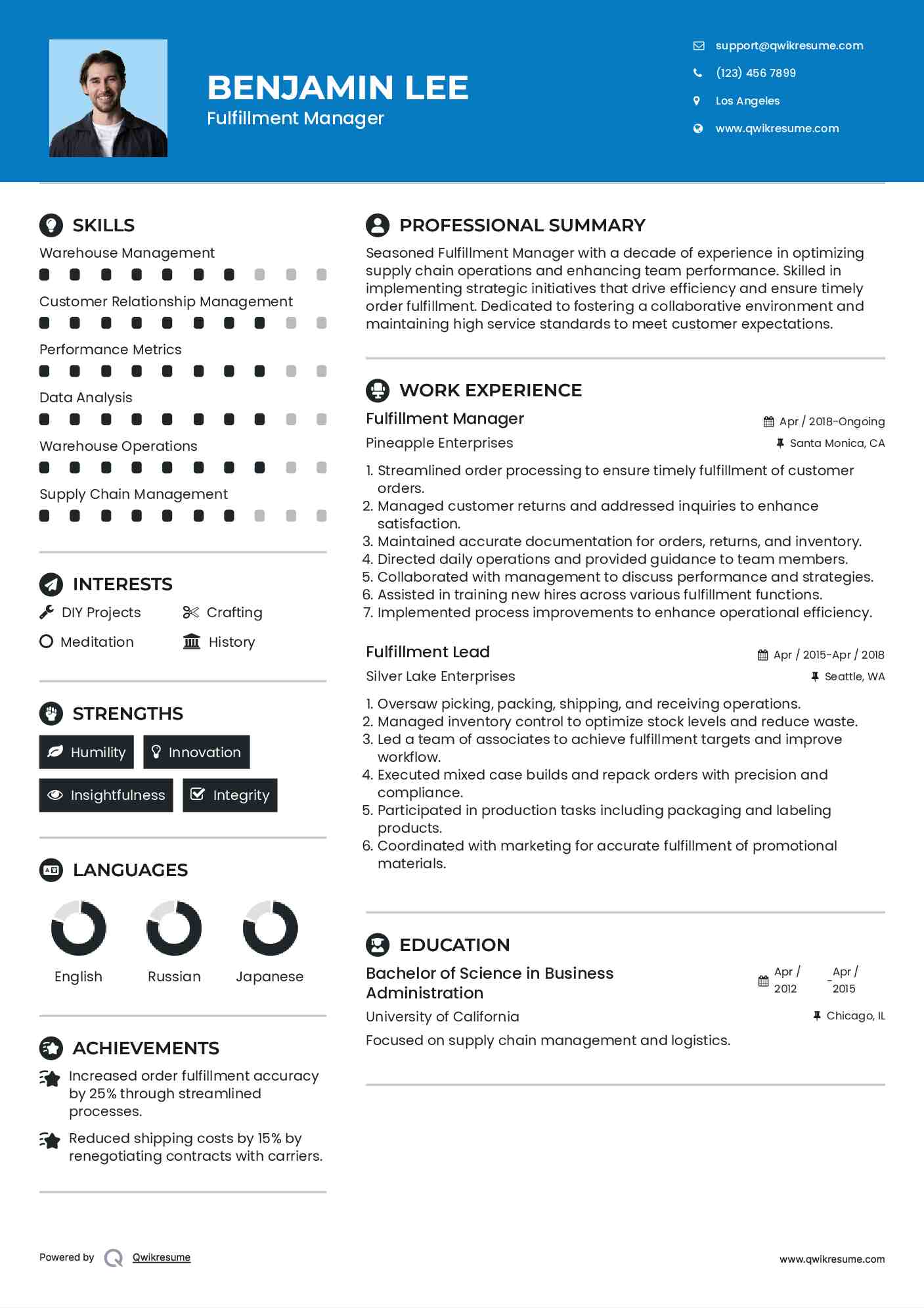Fulfillment Manager Resume Example
