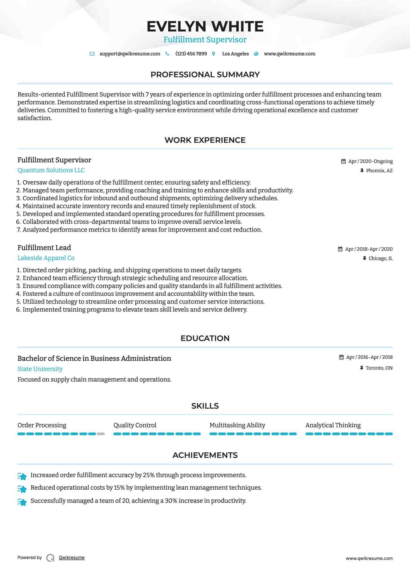 Fulfillment Supervisor Resume Format