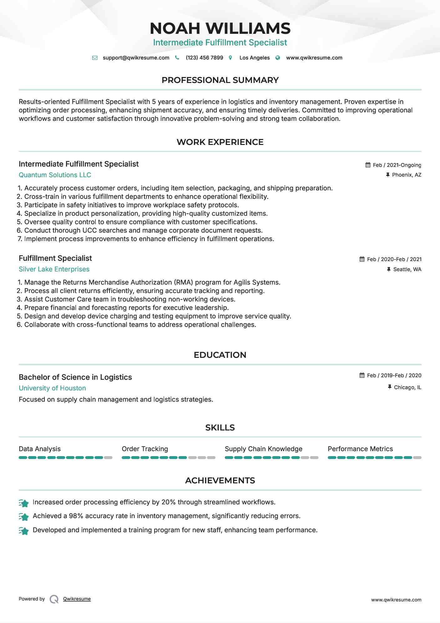 Intermediate Fulfillment Specialist Resume Sample