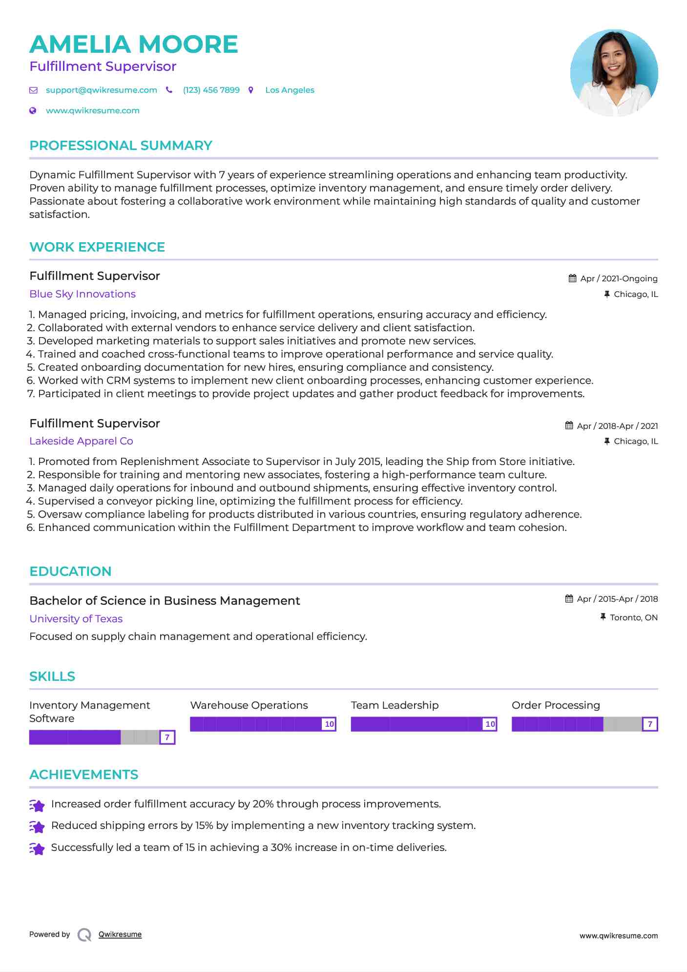 Fulfillment Supervisor Resume Sample
