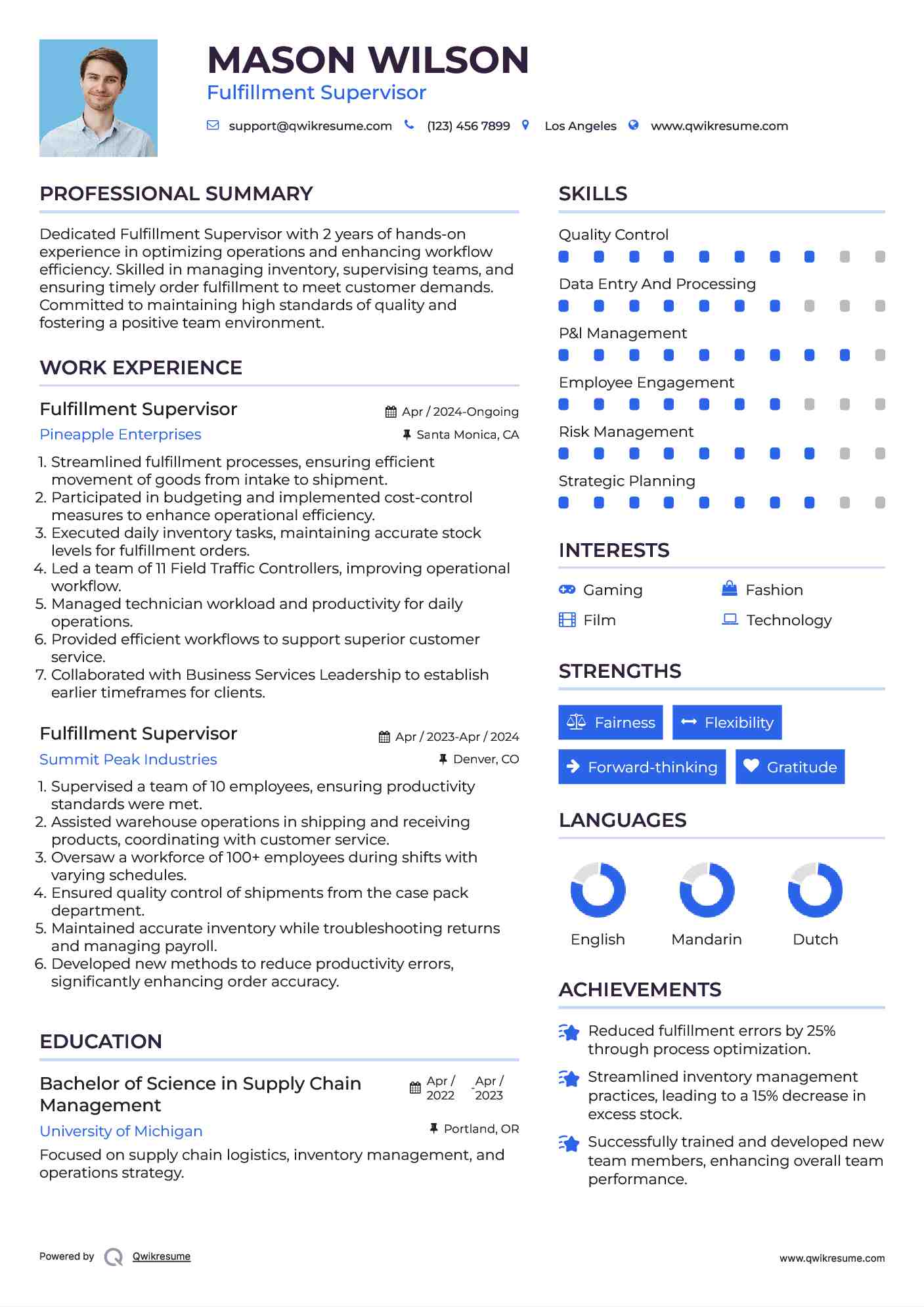 Fulfillment Supervisor Resume Sample