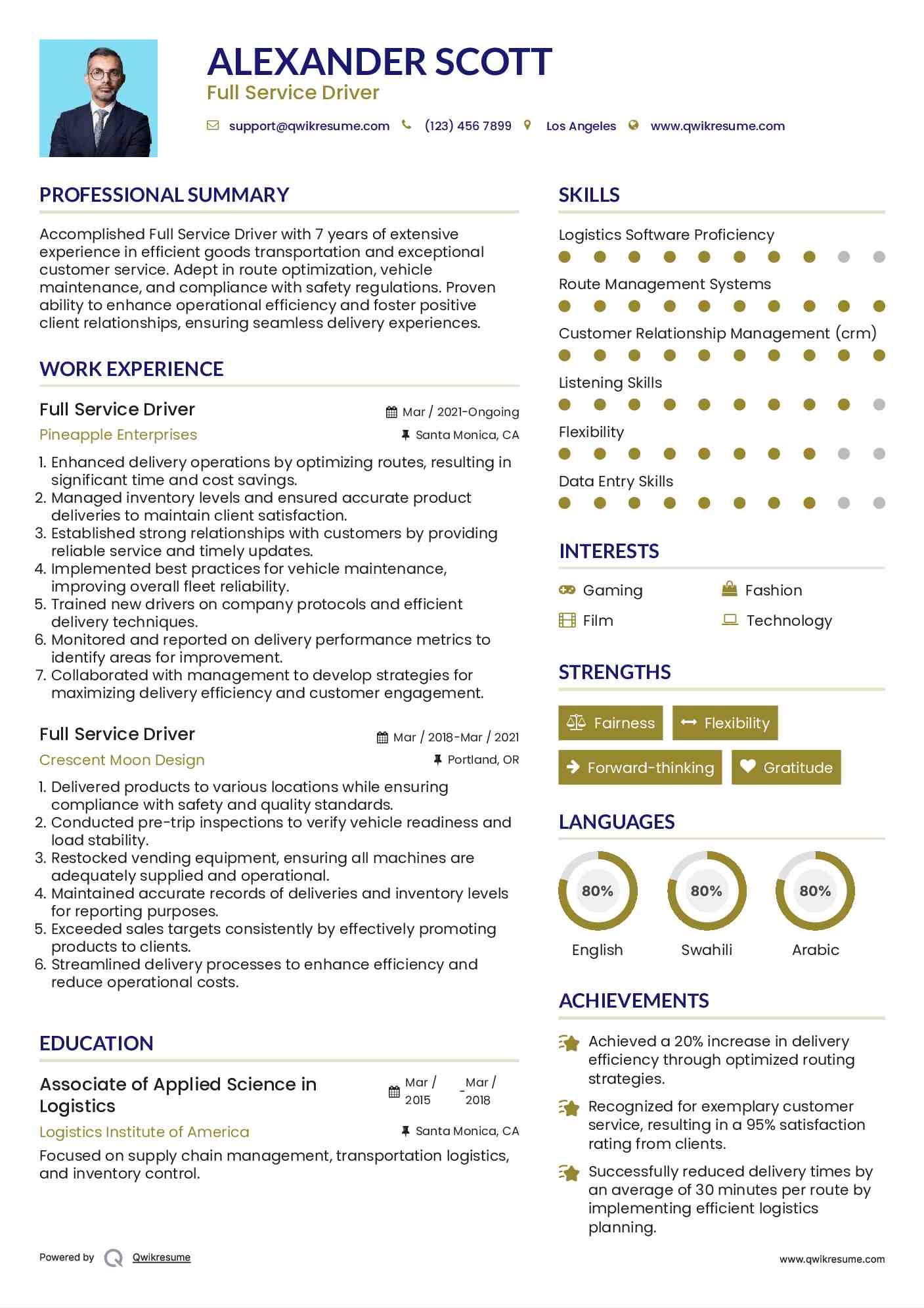Full Service Driver Resume Template