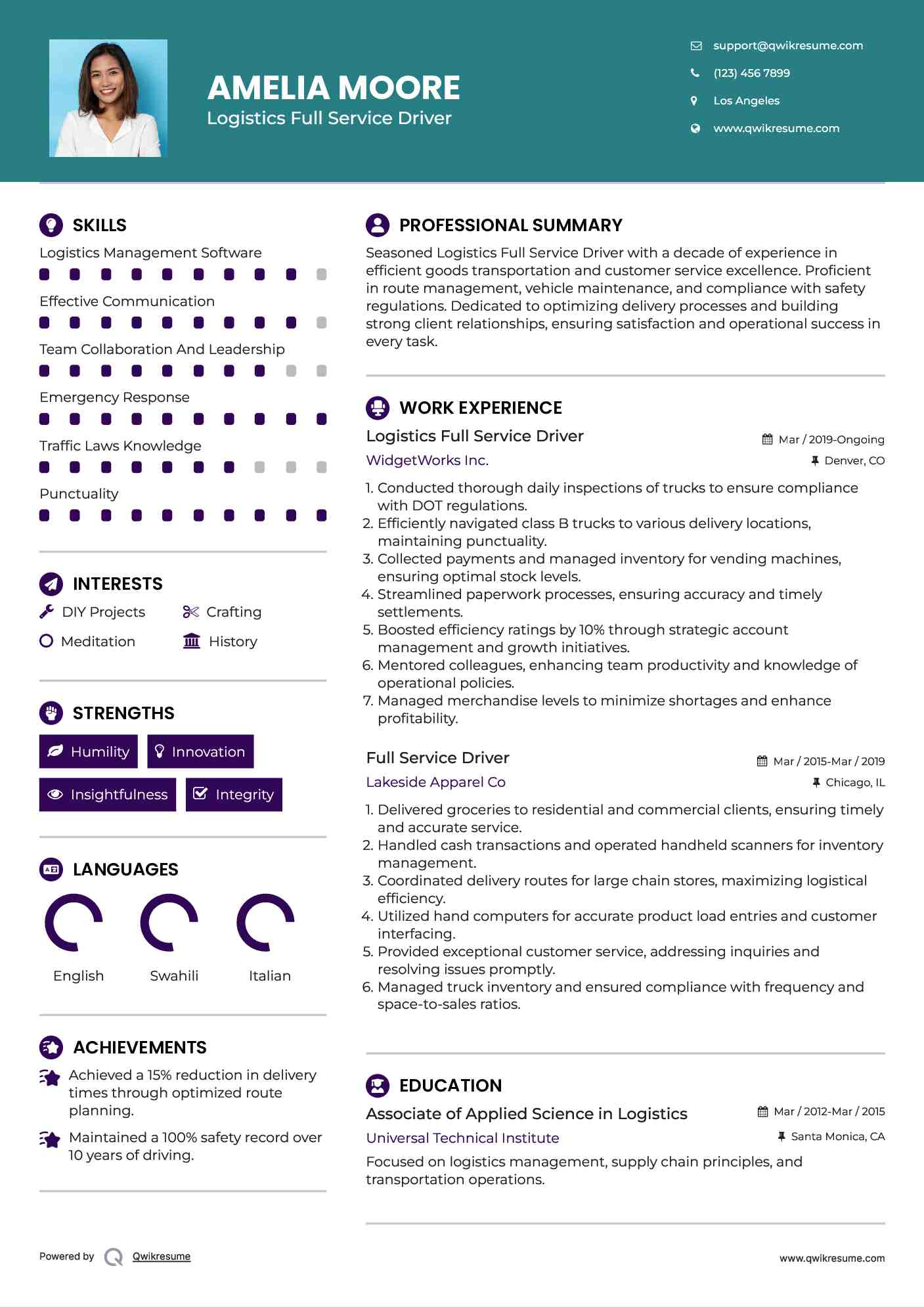 Logistics Full Service Driver Resume Format
