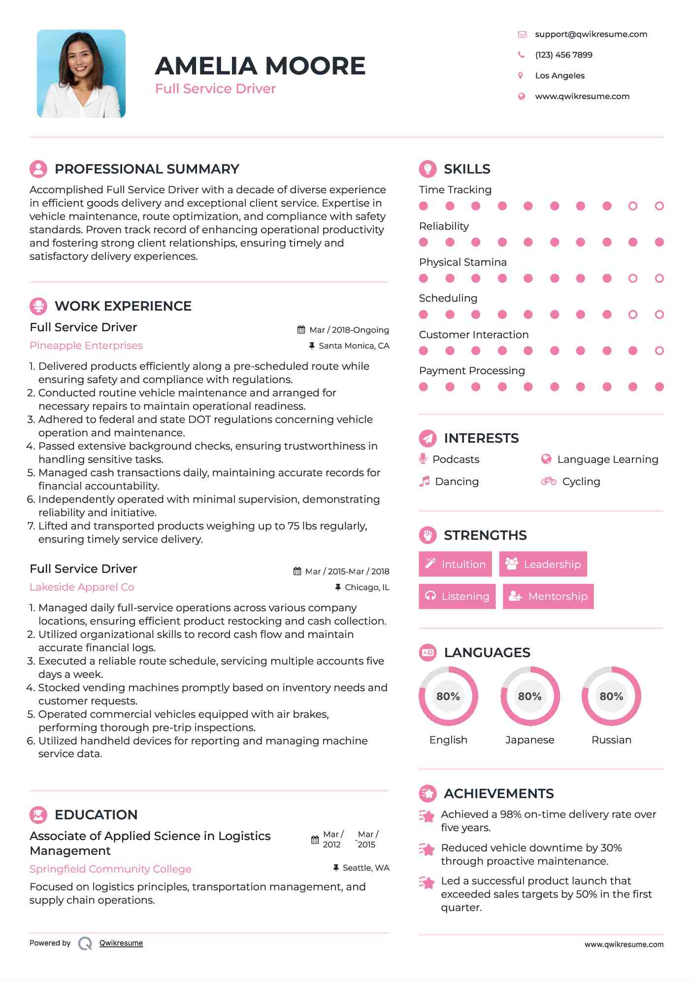 Full Service Driver Resume Template