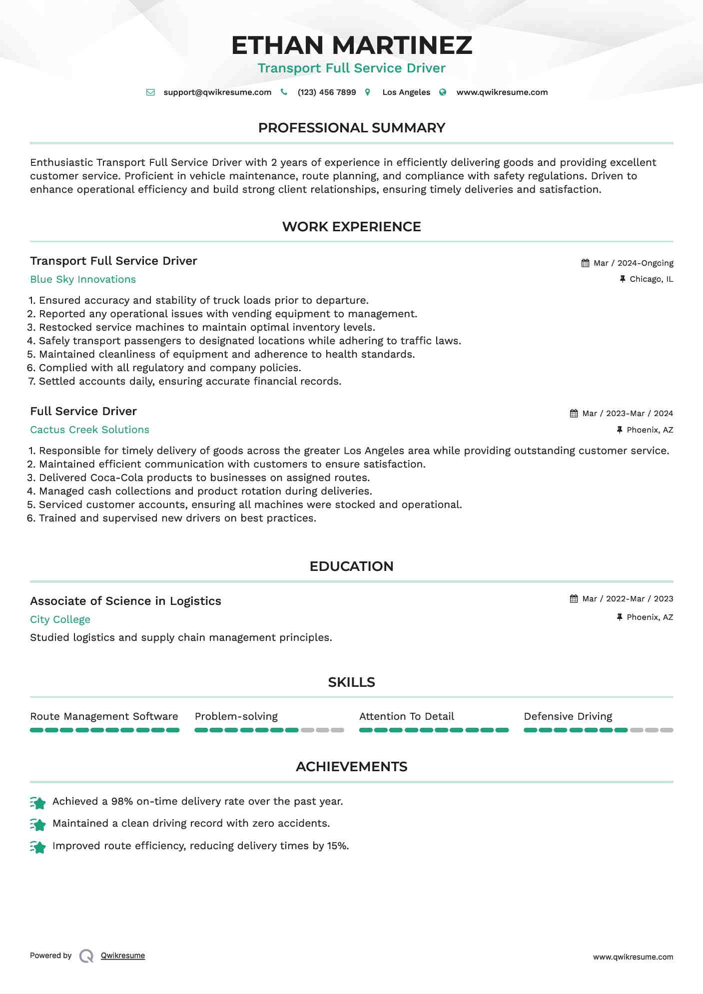 Transport Full Service Driver Resume Sample