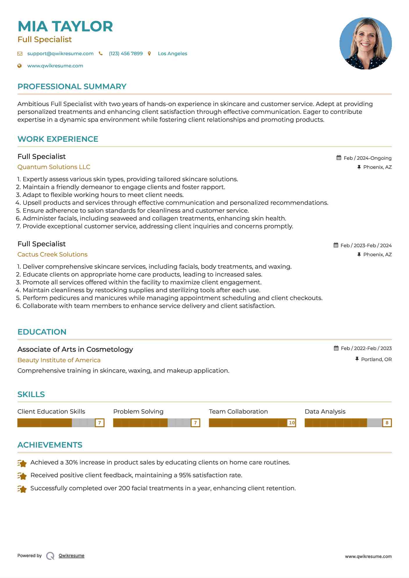 Full Specialist Resume Example