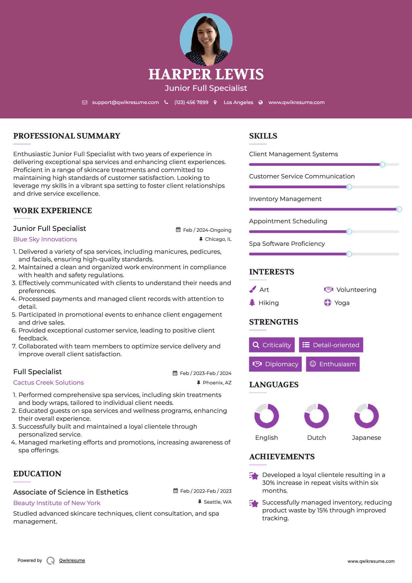 Junior Full Specialist Resume Sample