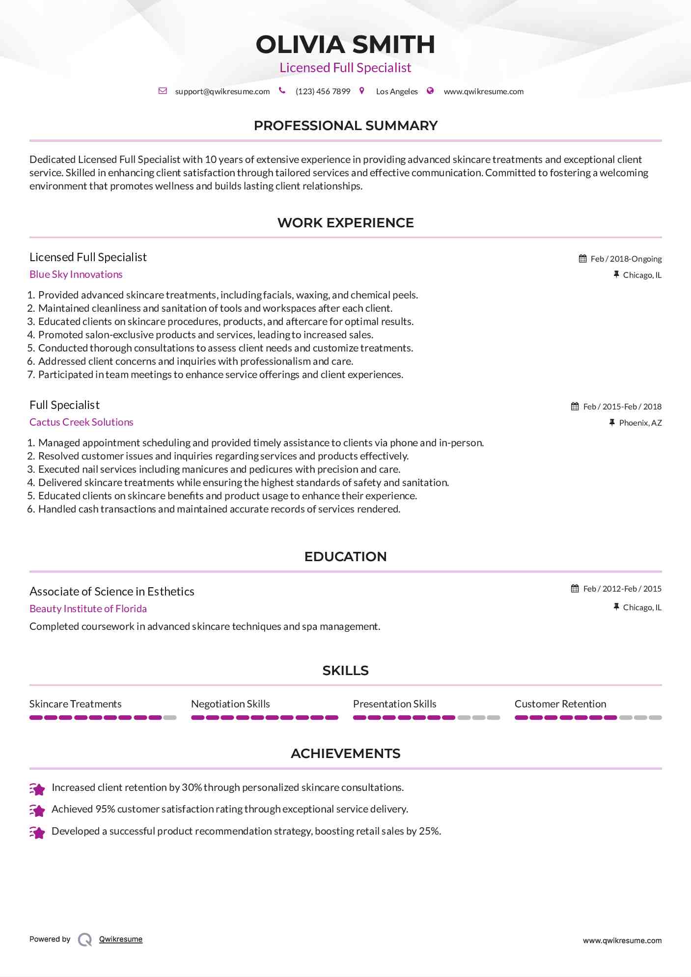 Licensed Full Specialist Resume Model