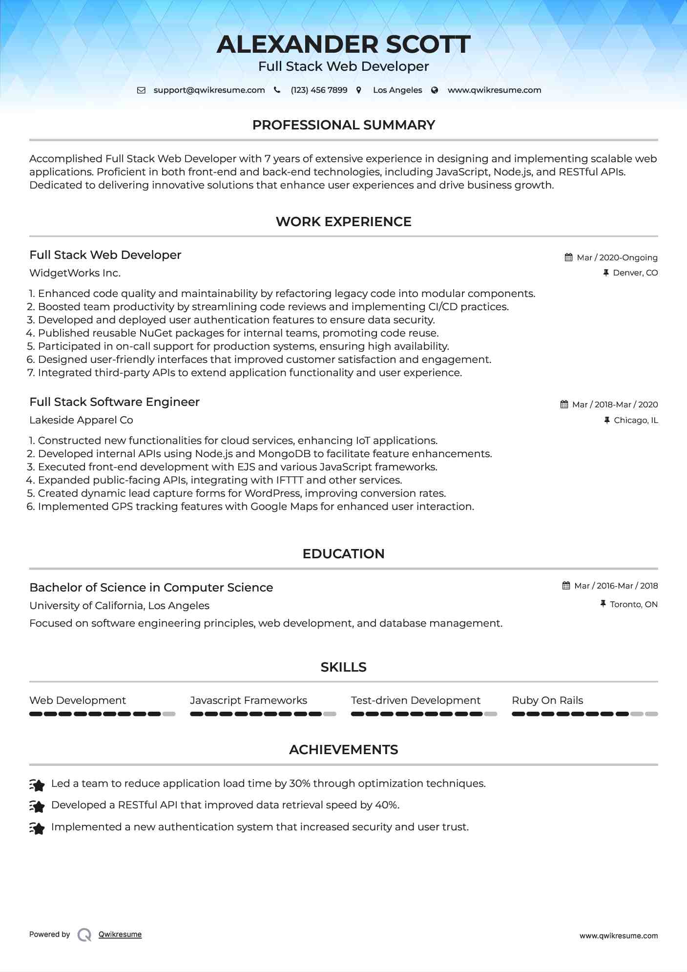 Full Stack Web Developer Resume Example