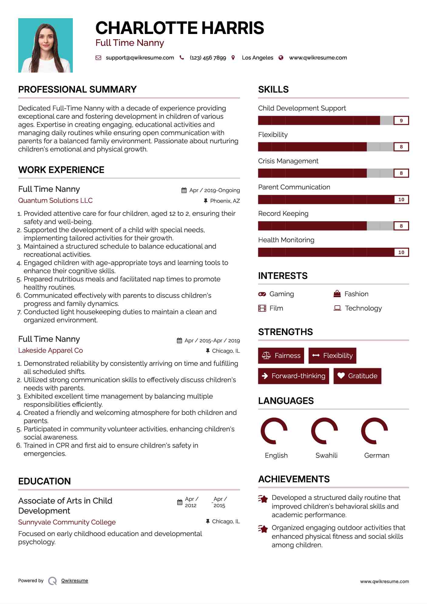 Full Time Nanny Resume Model