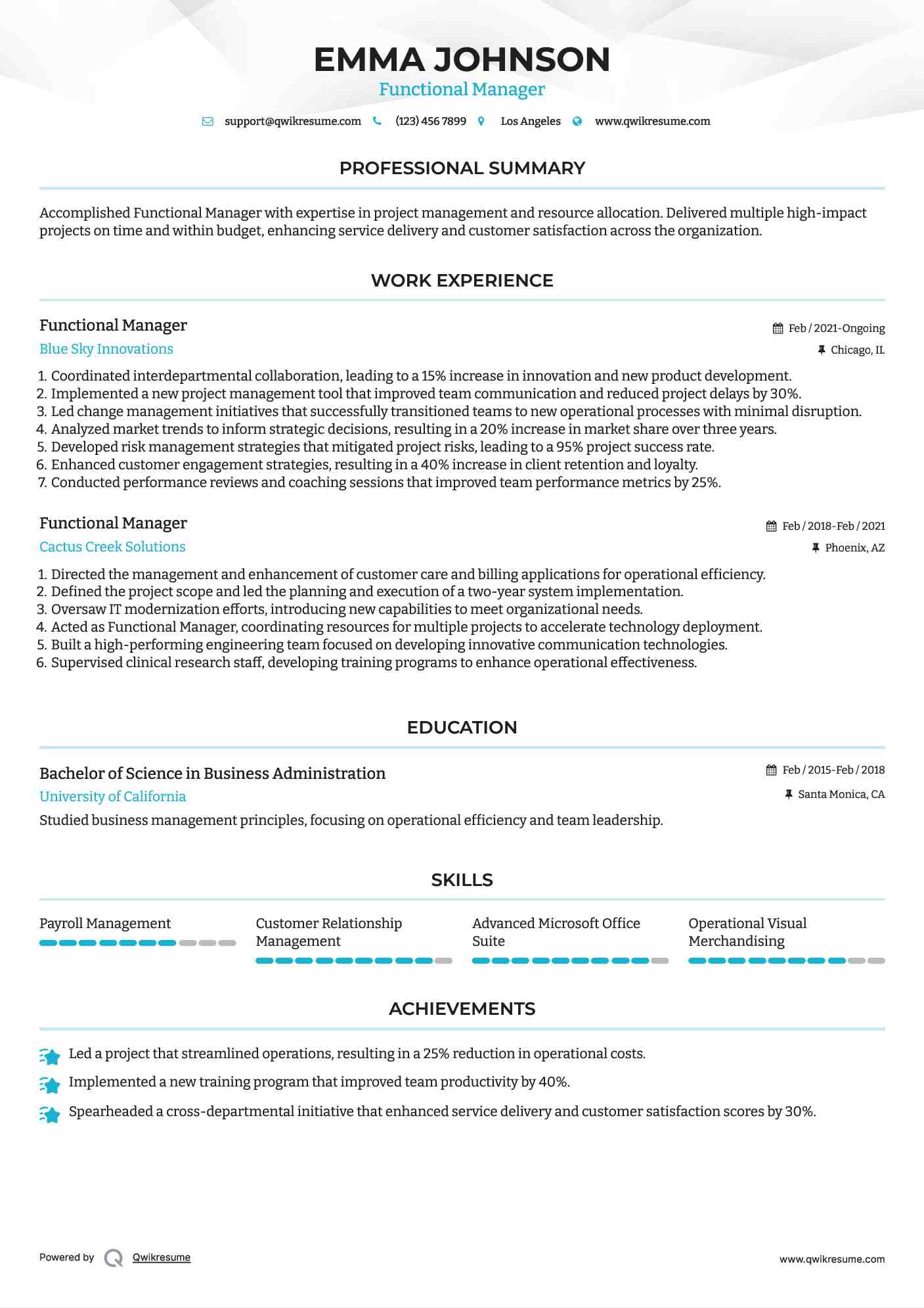 Functional Manager Resume Sample