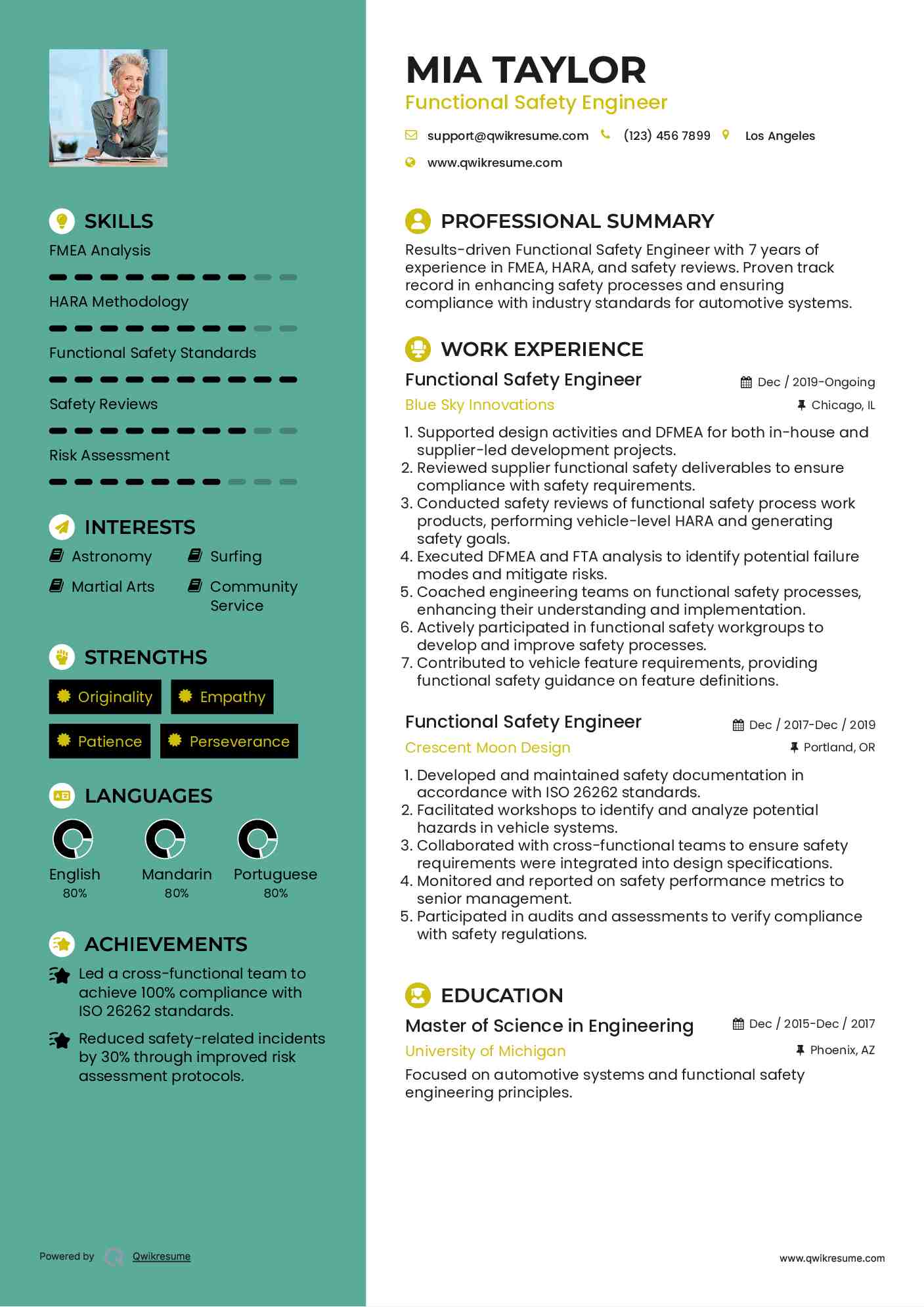 Functional Safety Engineer Resume Example