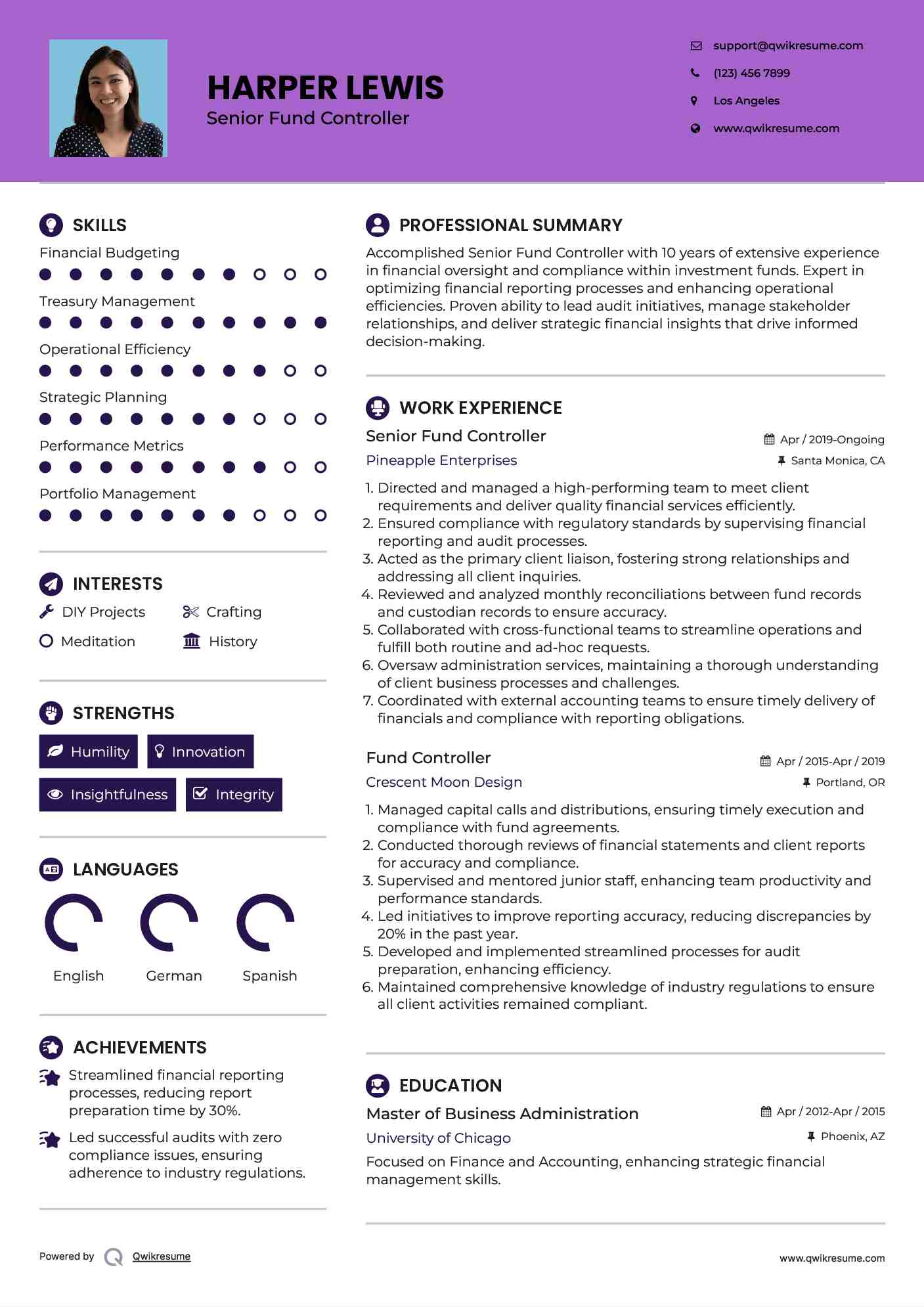 Senior Fund Controller Resume Sample