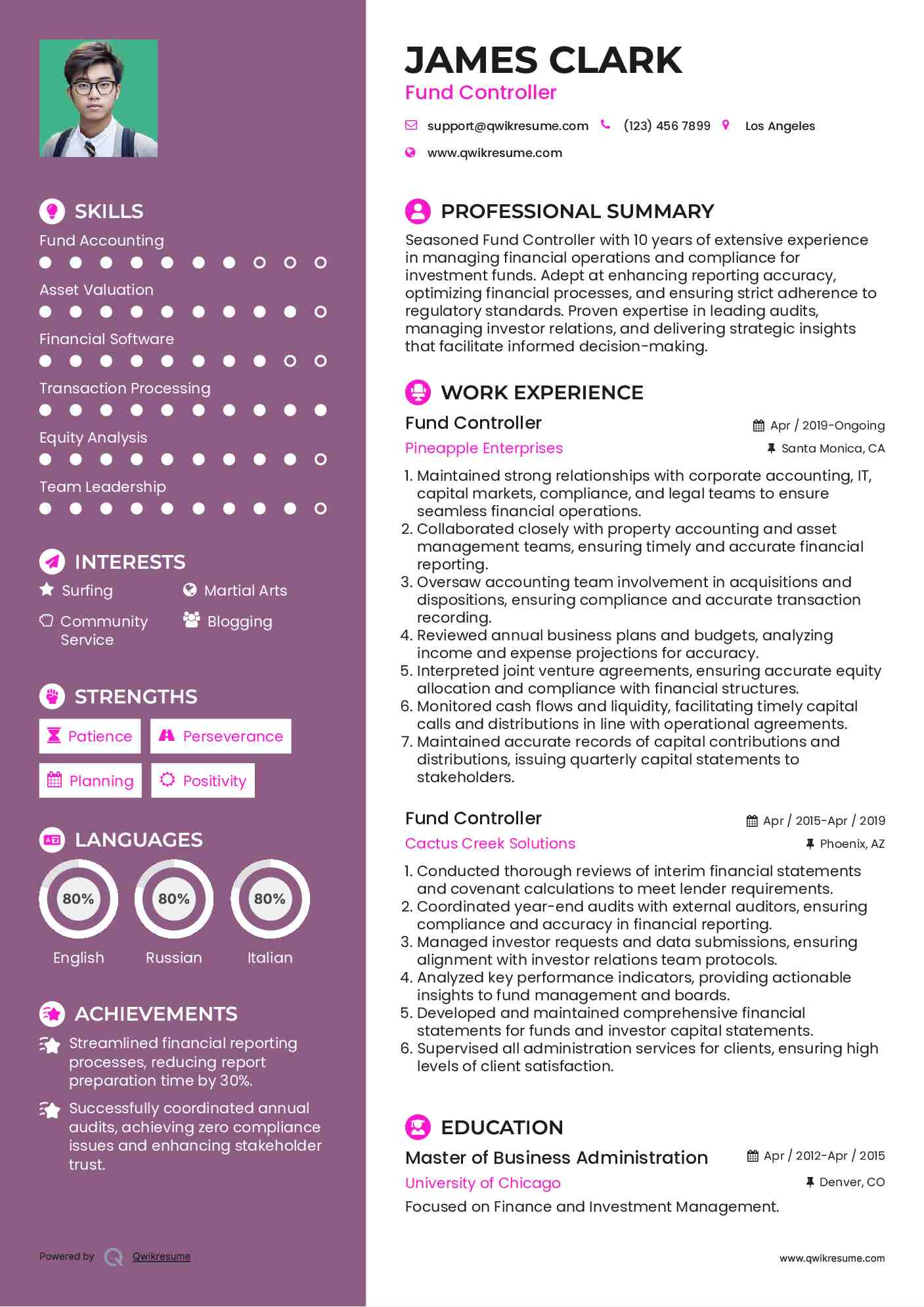 Fund Controller Resume Template