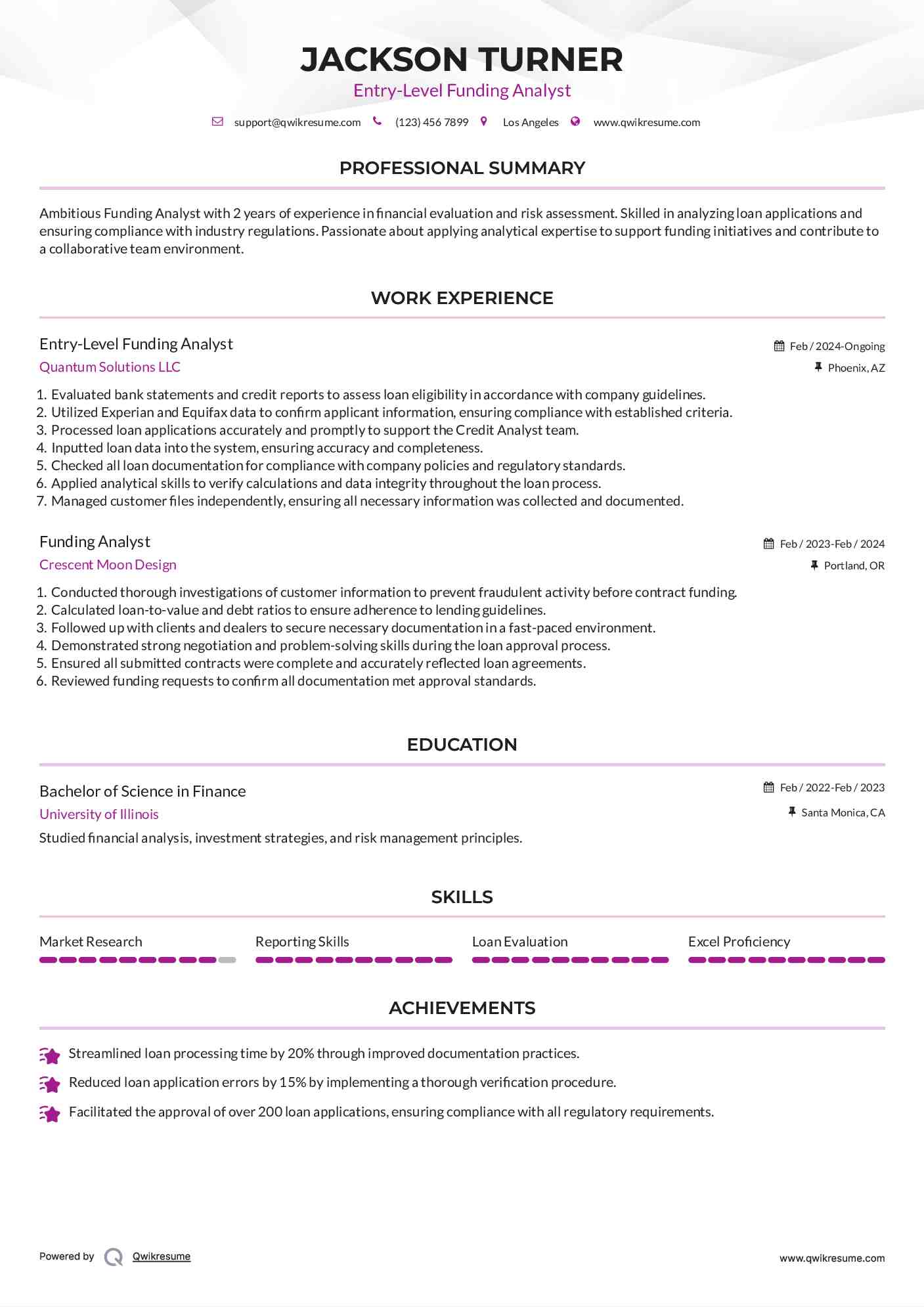 Entry-Level Funding Analyst Resume Model