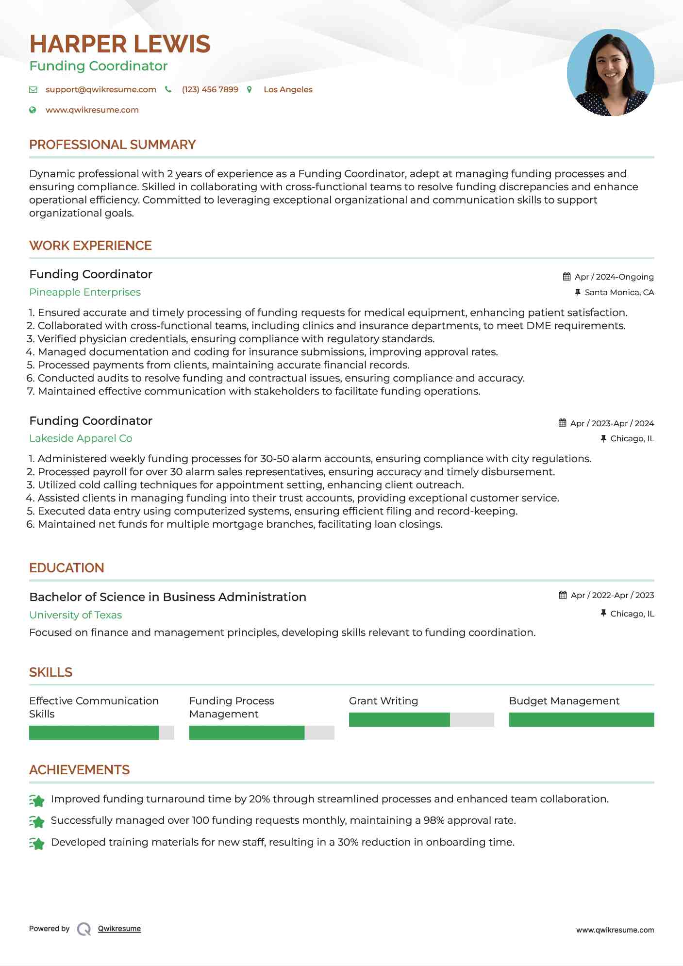 Funding Coordinator Resume Sample
