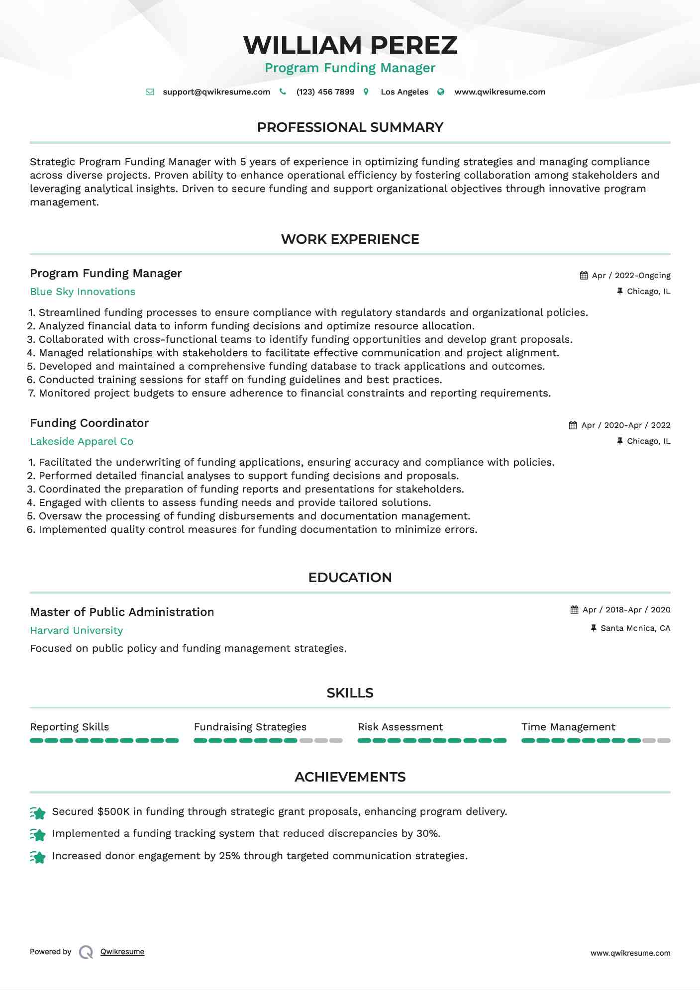 Program Funding Manager Resume Example
