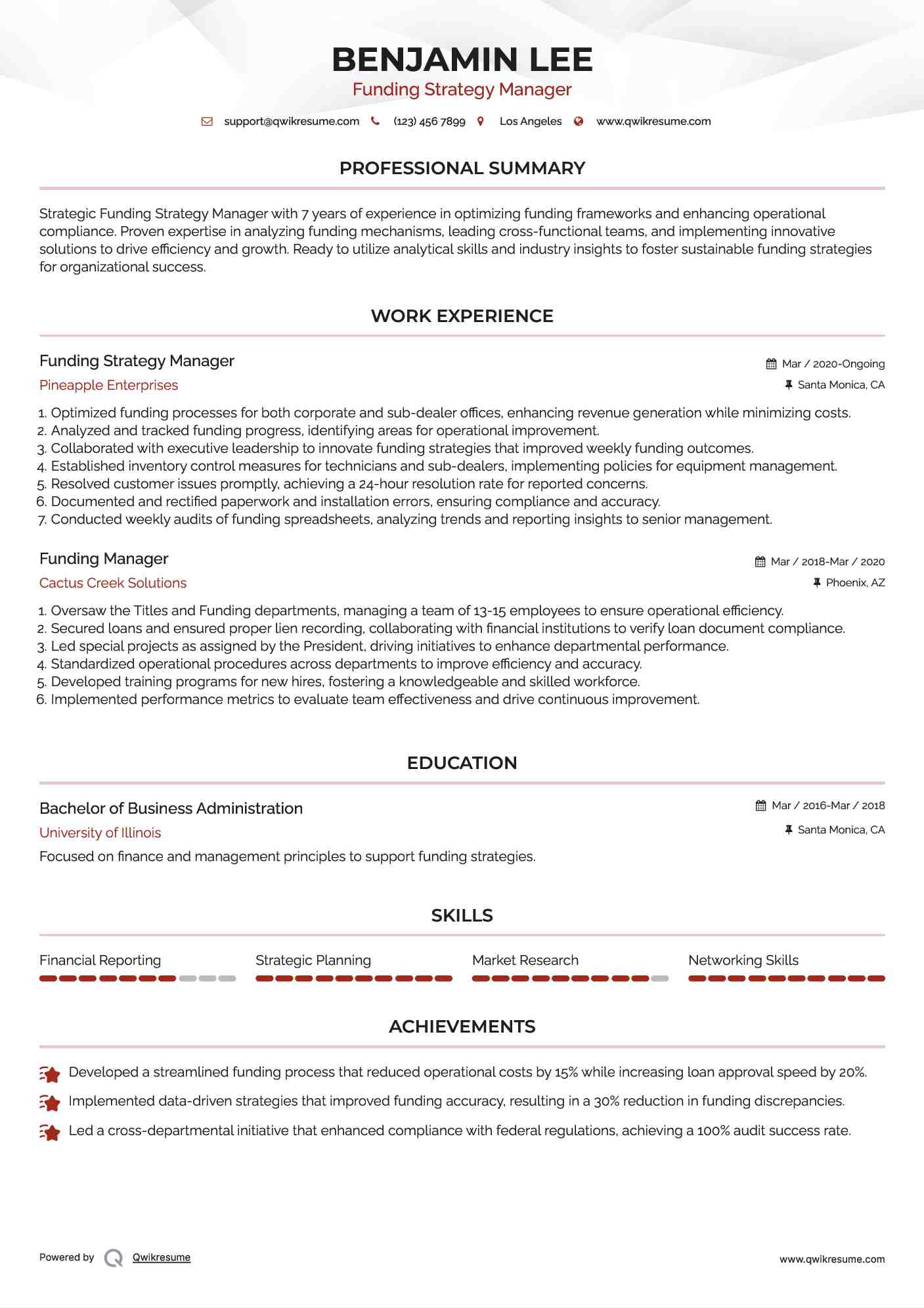 Funding Strategy Manager Resume Format