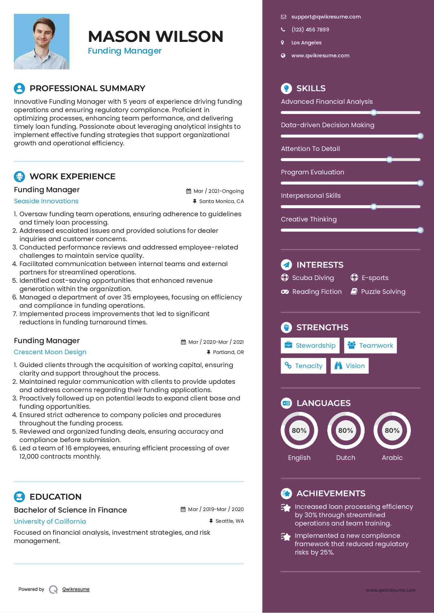 Funding Manager Resume Example