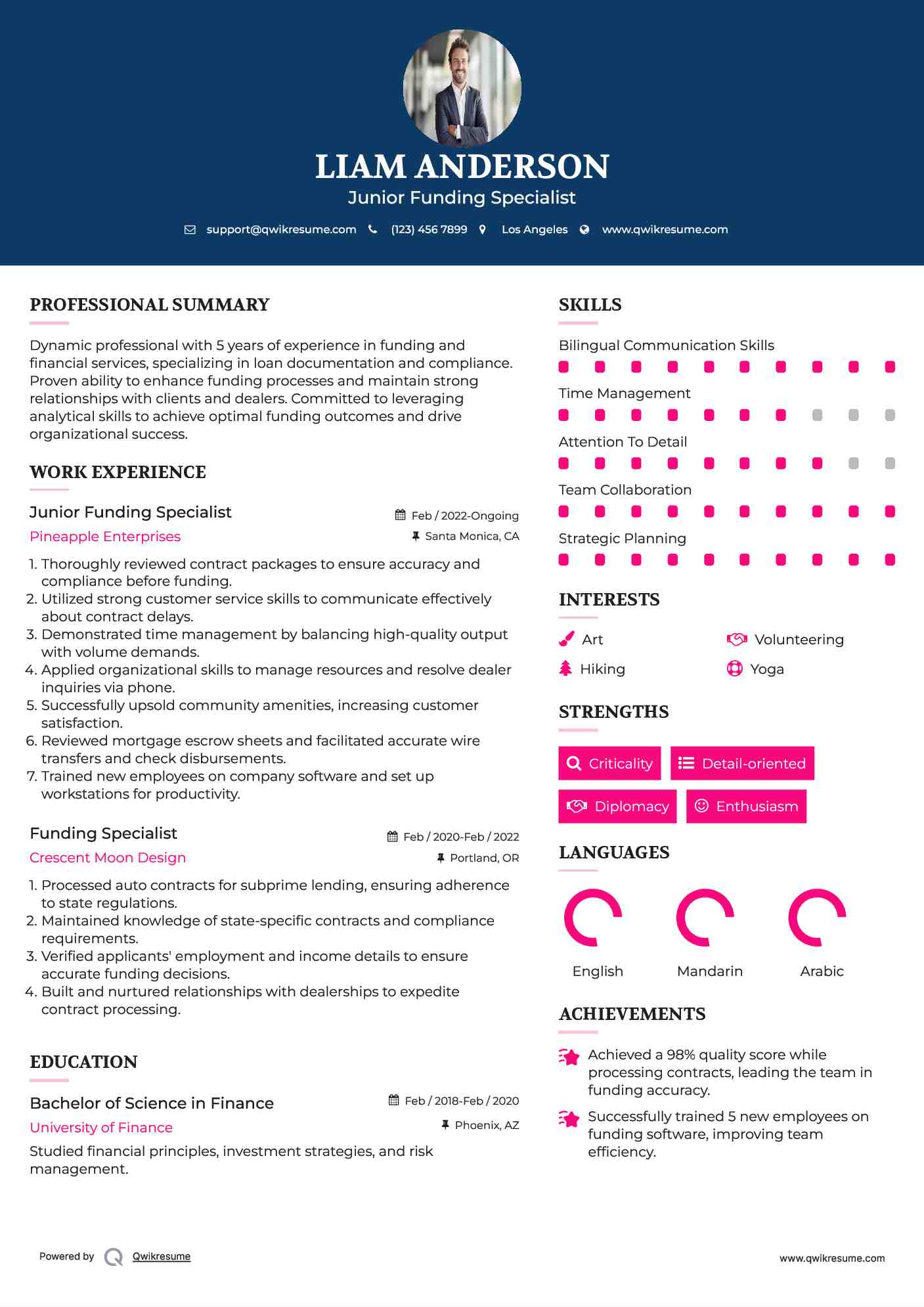 Junior Funding Specialist Resume Example
