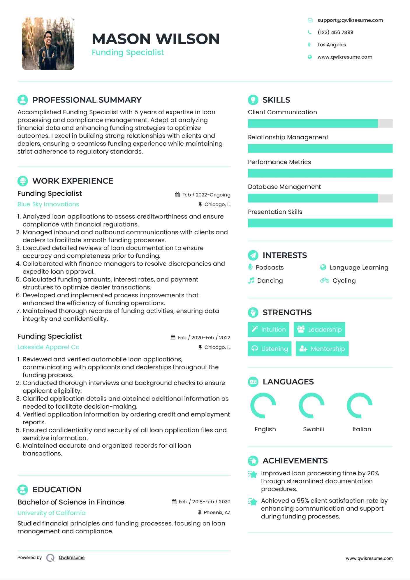 Funding Specialist Resume Sample