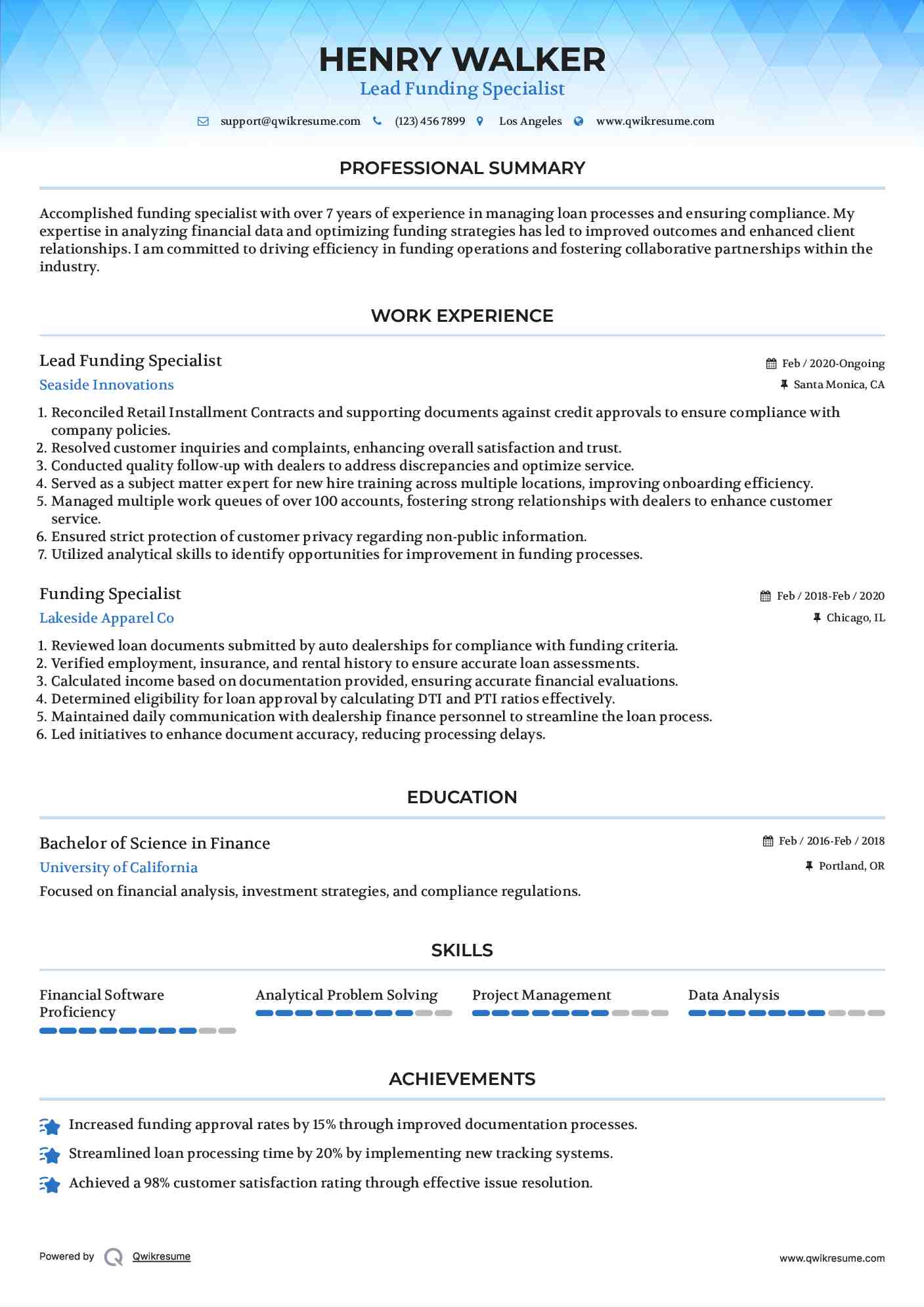 Lead Funding Specialist Resume Model