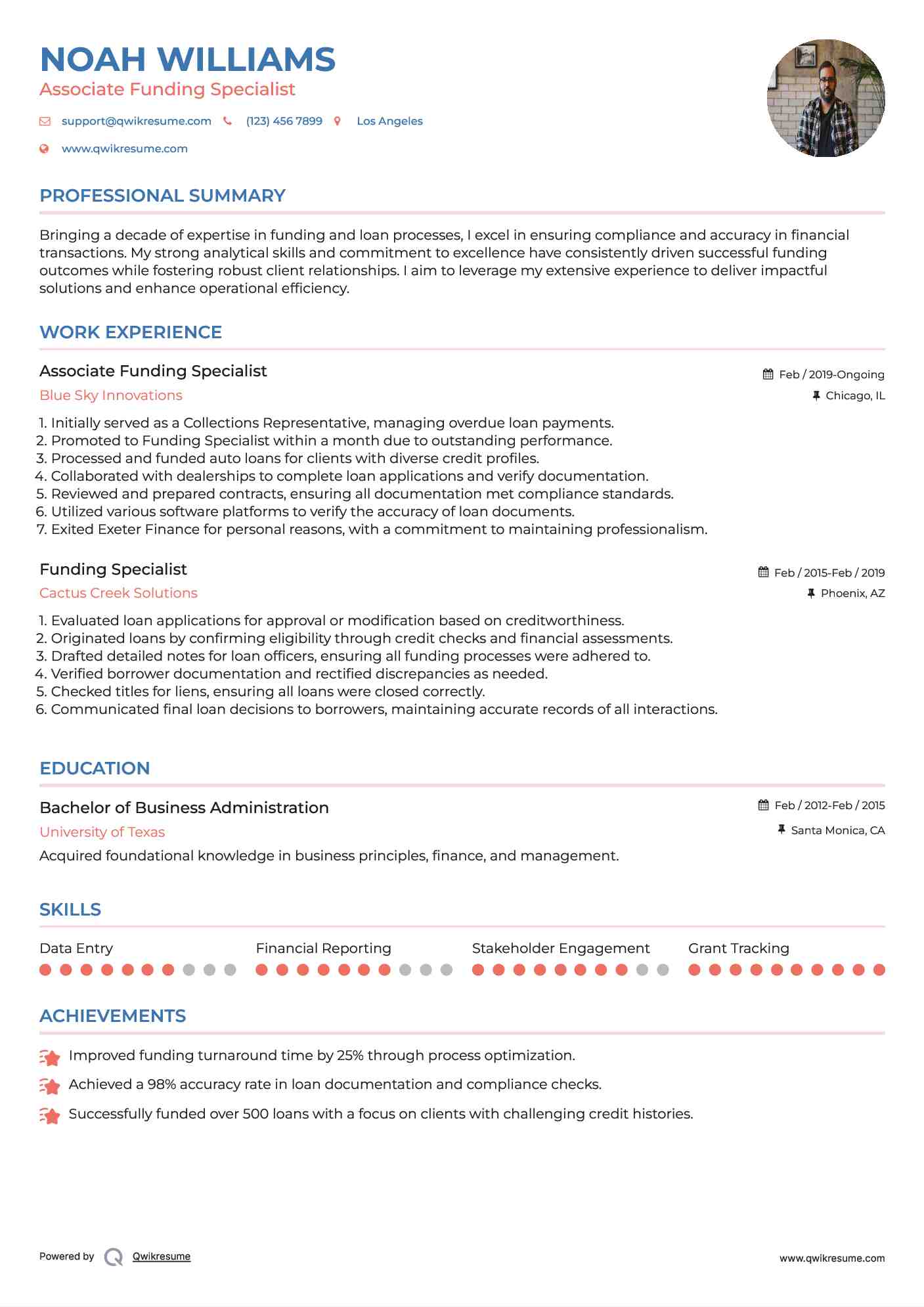 Associate Funding Specialist Resume Example