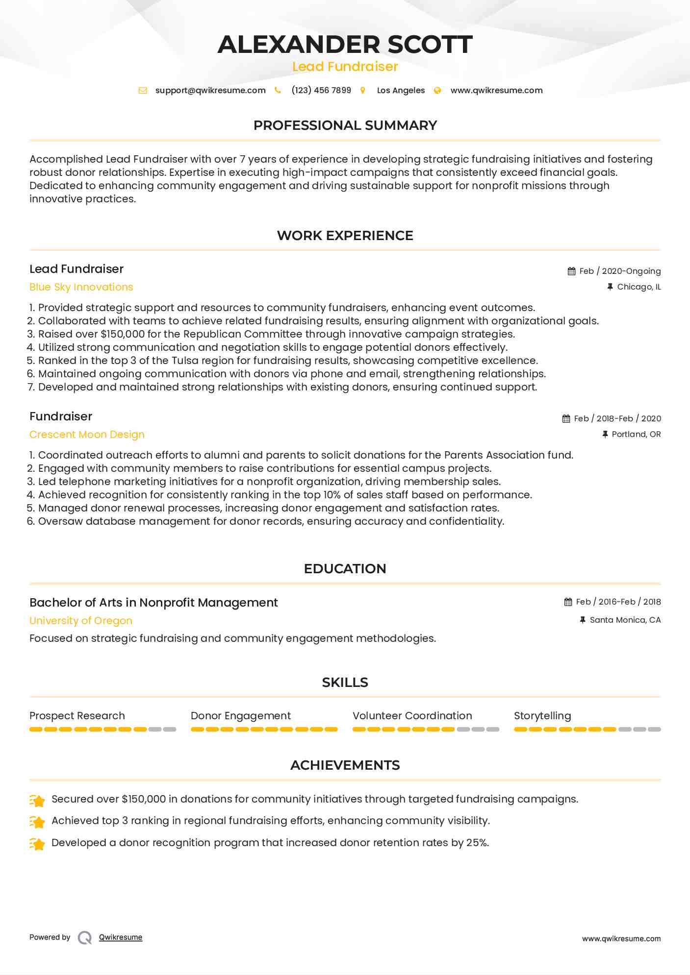 Lead Fundraiser Resume Sample