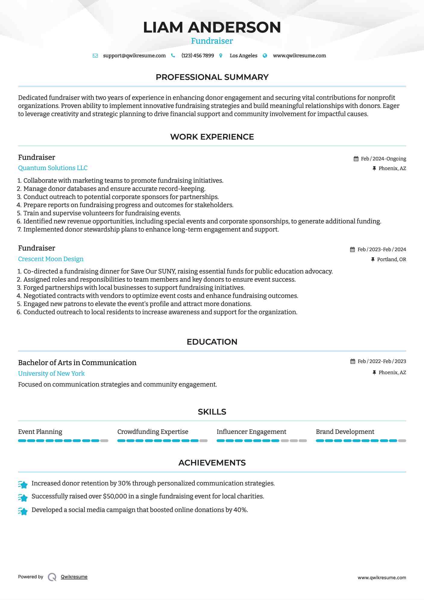 Fundraiser Resume Sample