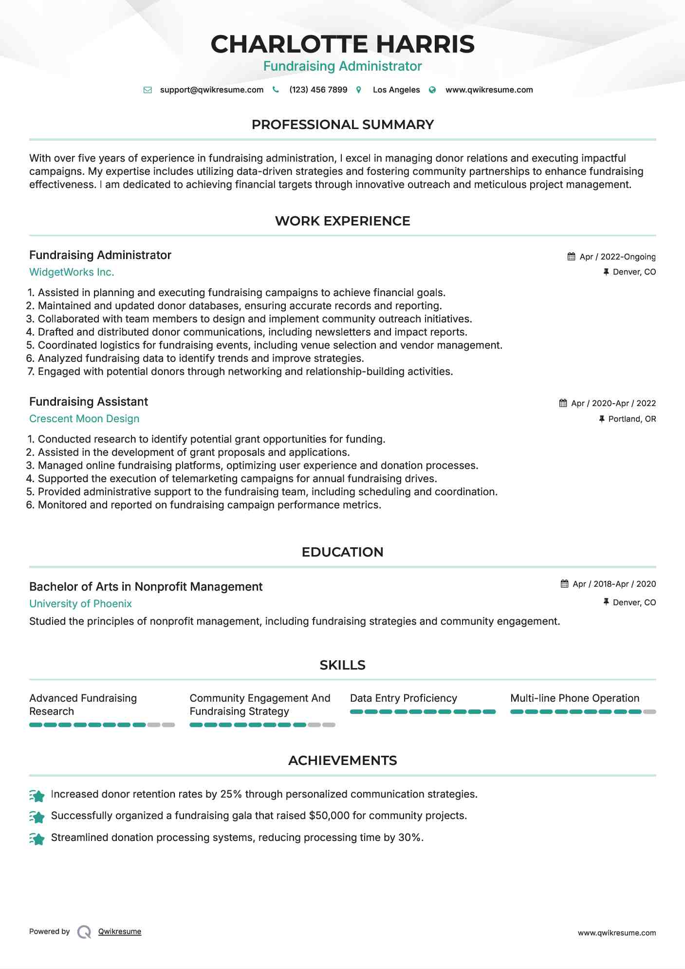 Fundraising Administrator Resume Format