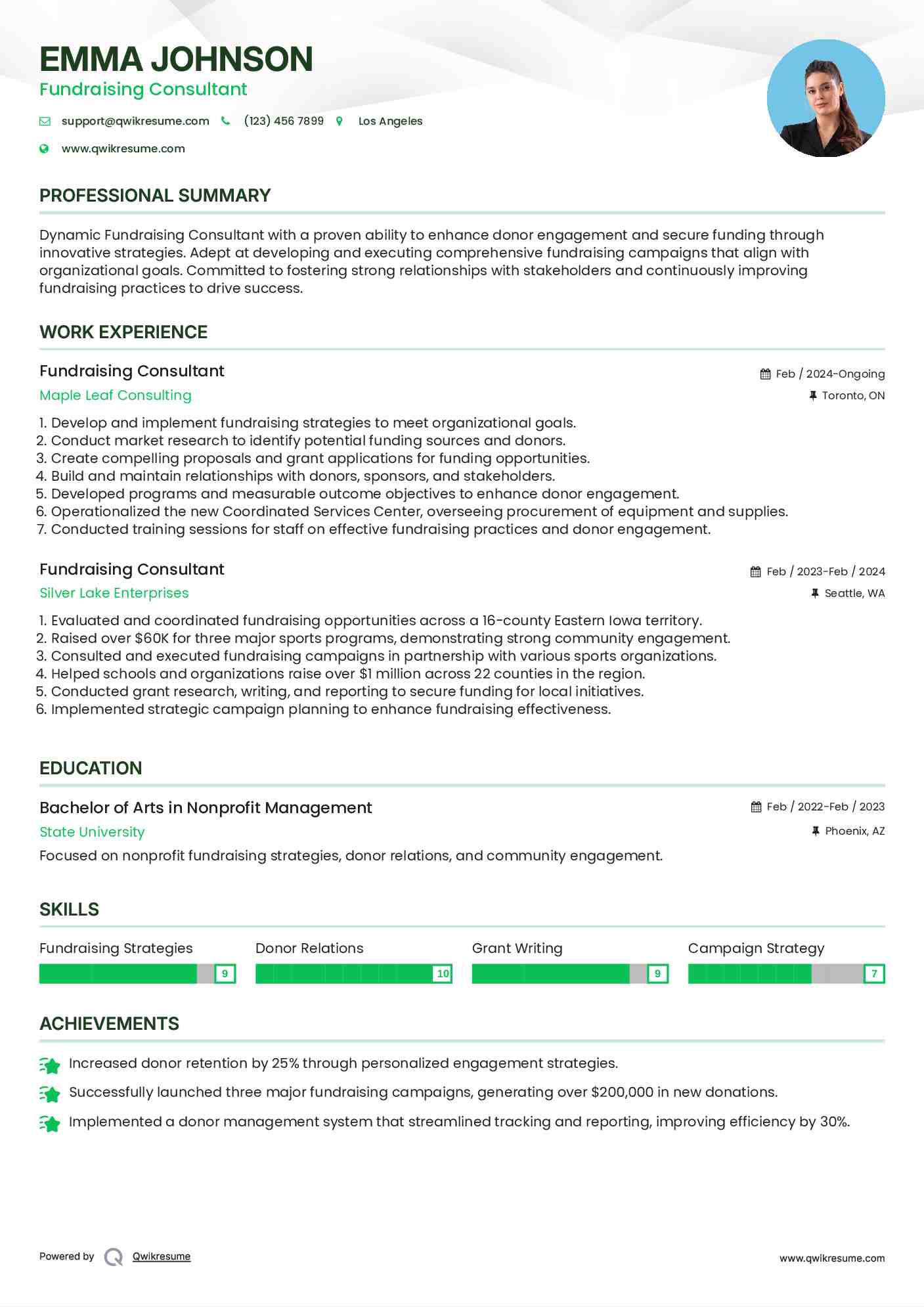 Fundraising Consultant Resume Sample