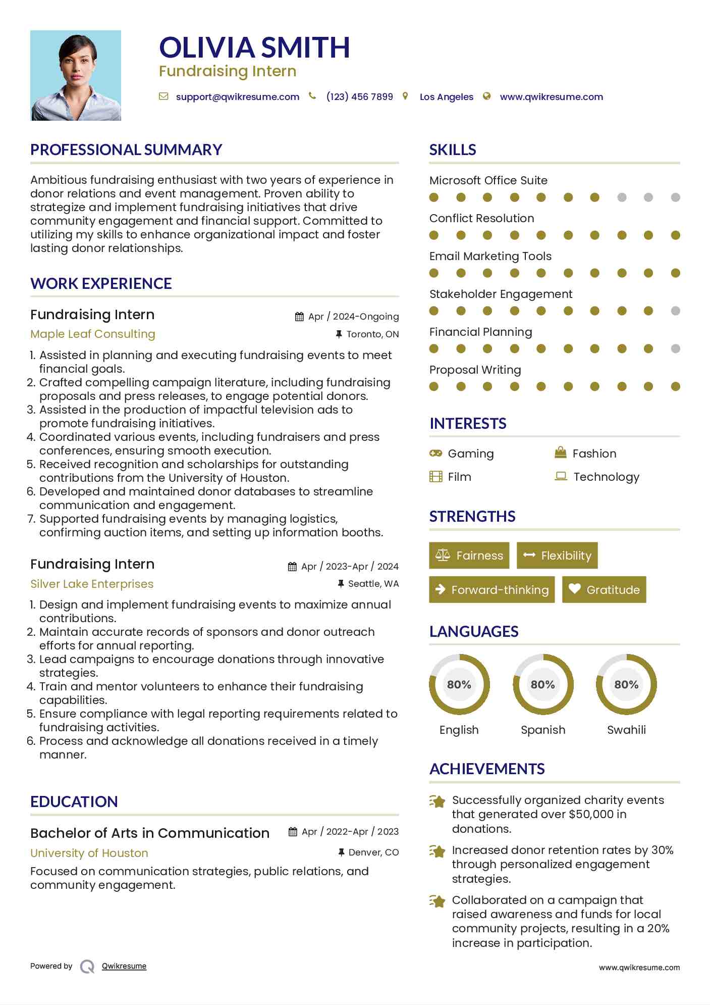 Fundraising Intern Resume Example