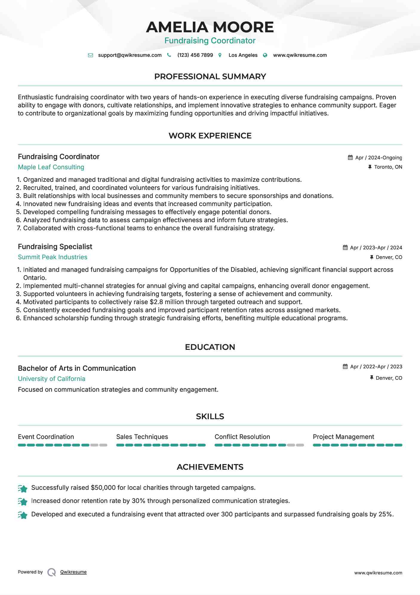 Fundraising Coordinator Resume Sample