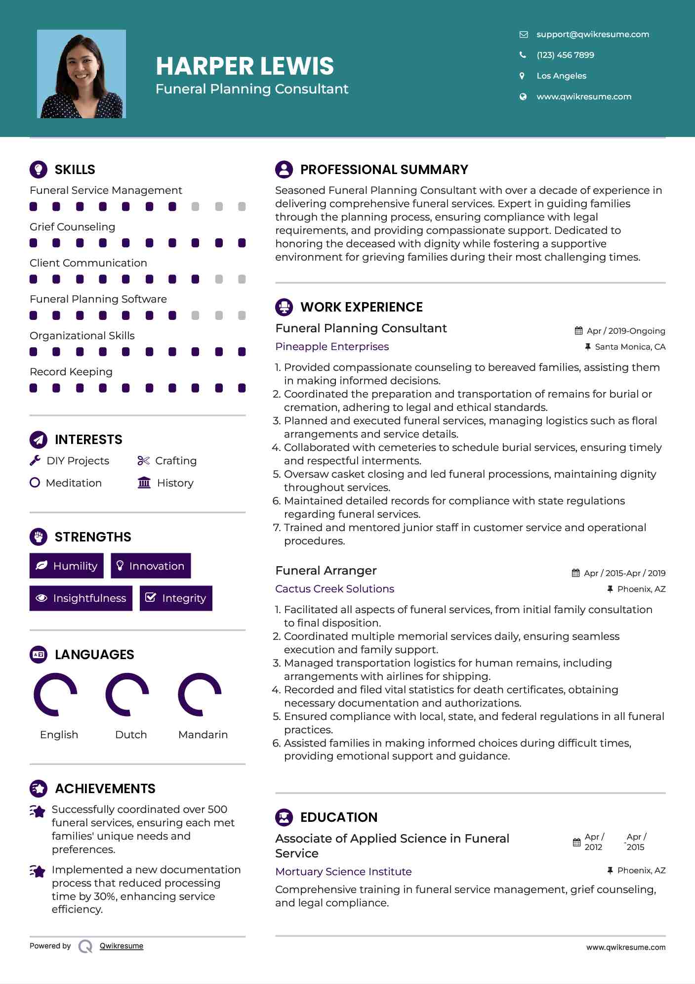 Funeral Planning Consultant Resume Model