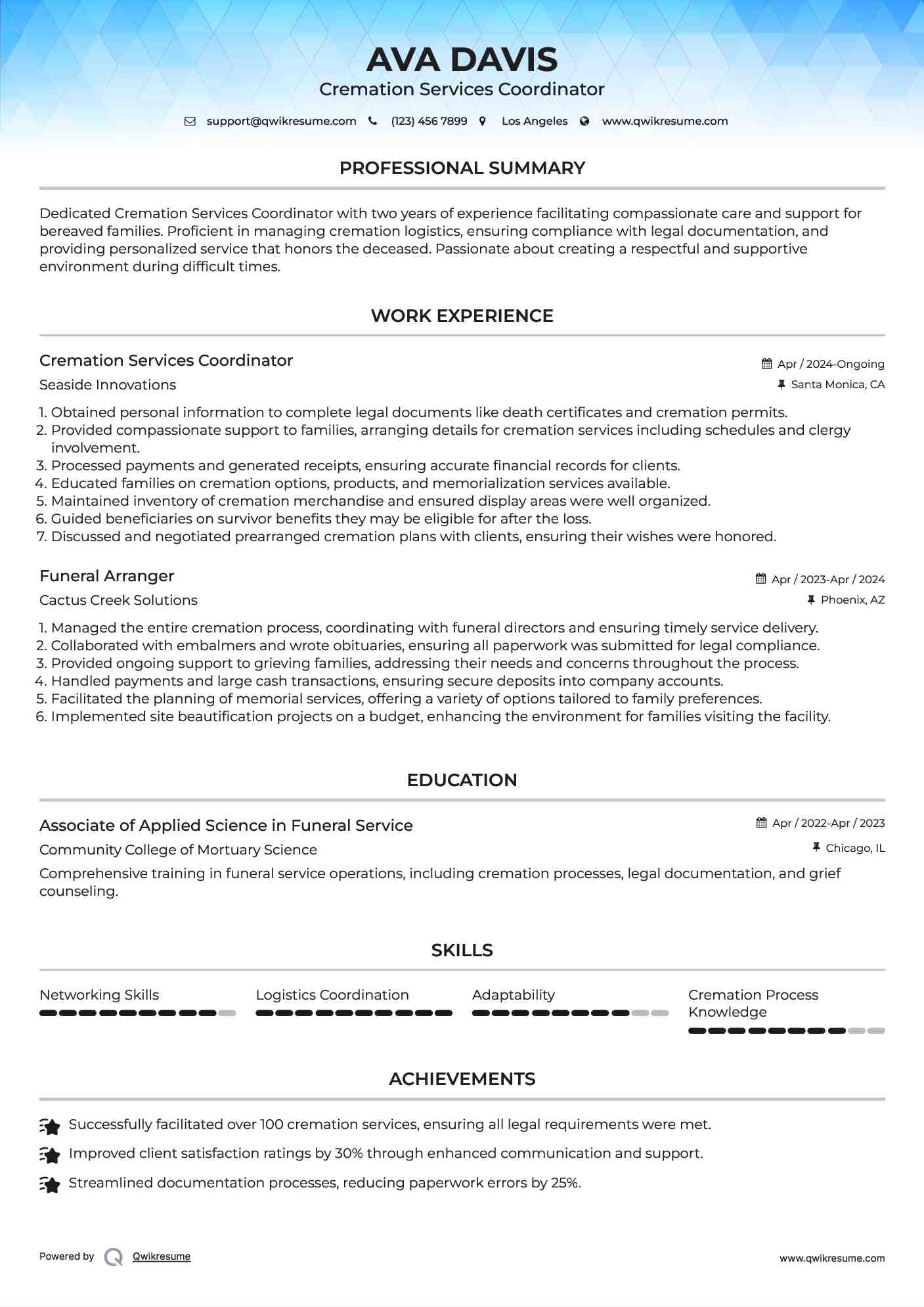 Cremation Services Coordinator Resume Format