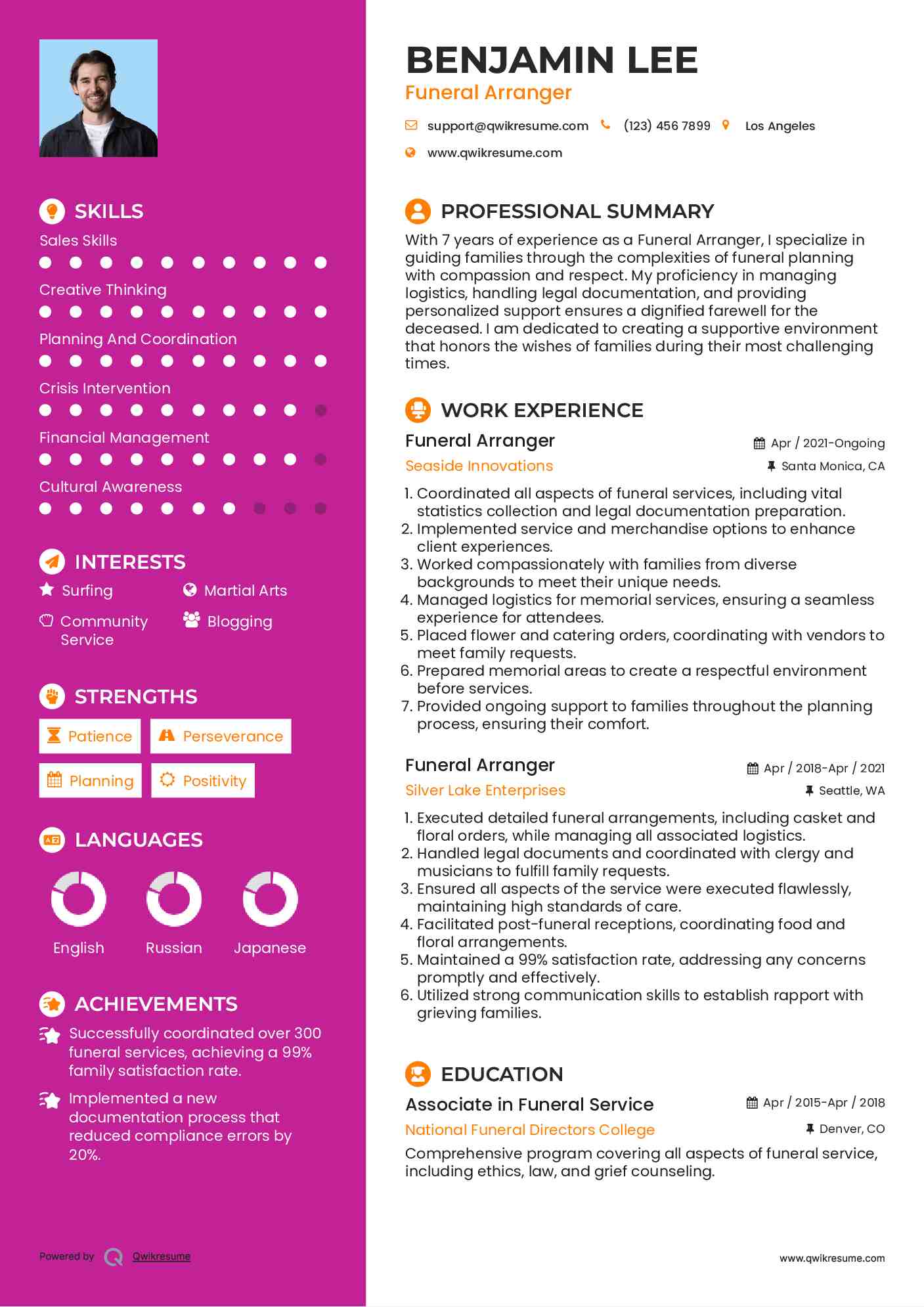 Funeral Arranger Resume Model