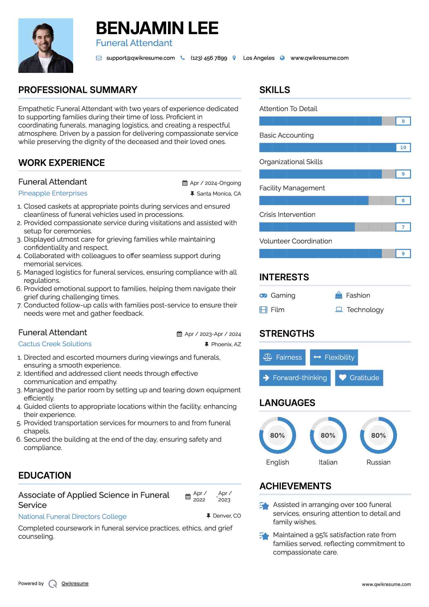 Funeral Attendant Resume Example