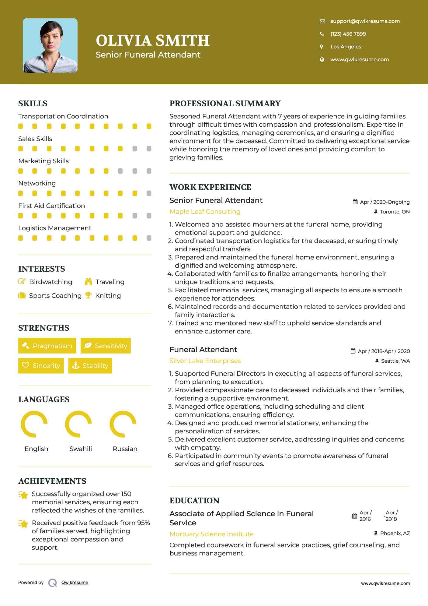 Senior Funeral Attendant Resume Model