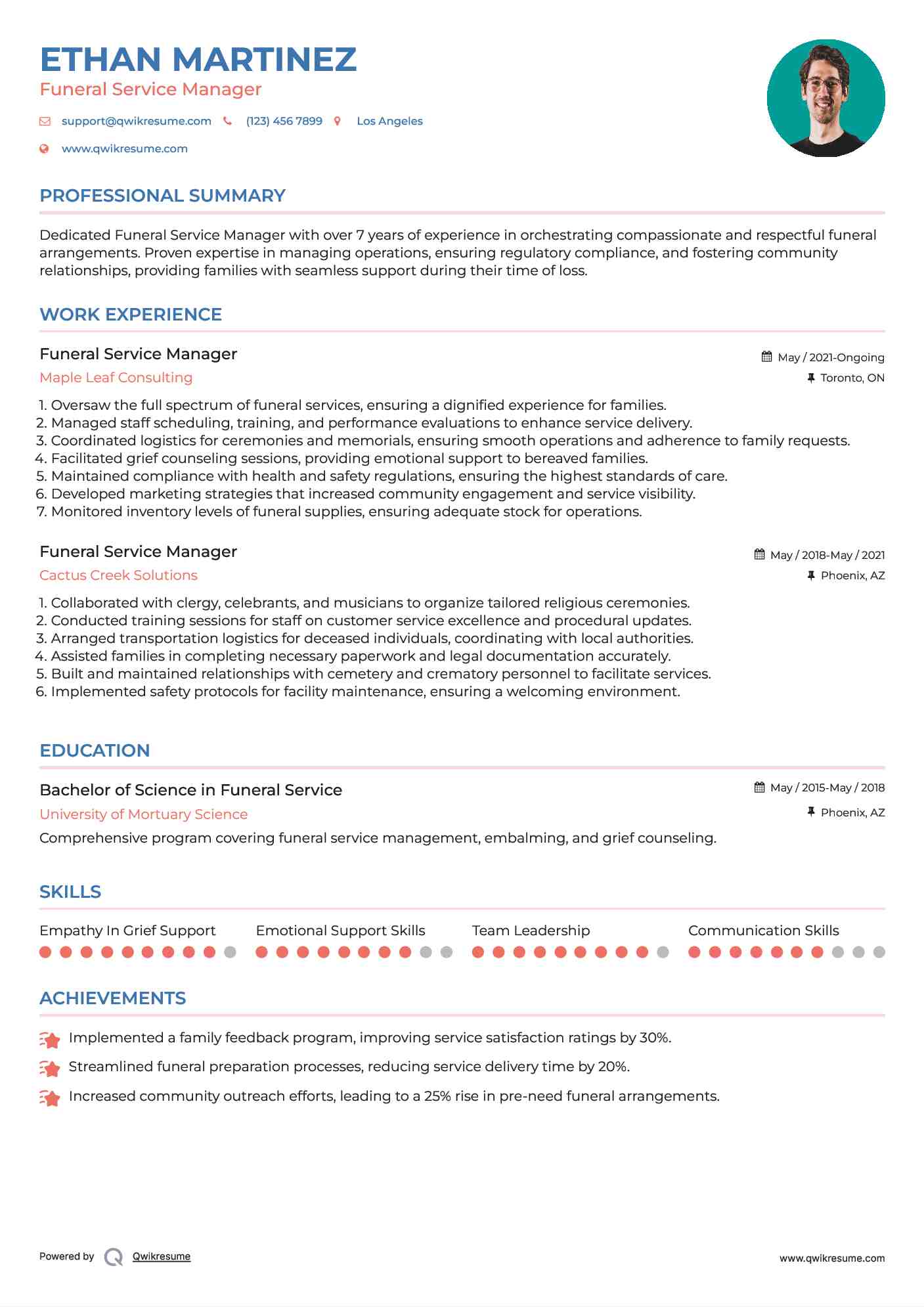 Funeral Service Manager Resume Model